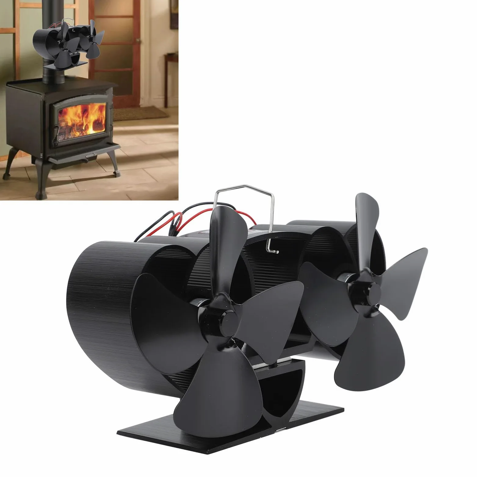 SIXRUN Ventilatore per Stufa Ventilatore per Stufa a Legna Alimentato a Calore Lega di Alluminio 4 Pale Ventola di Ricambio a Doppia Testa per a Cherosene a Legna Camino Riscaldamento Domestico