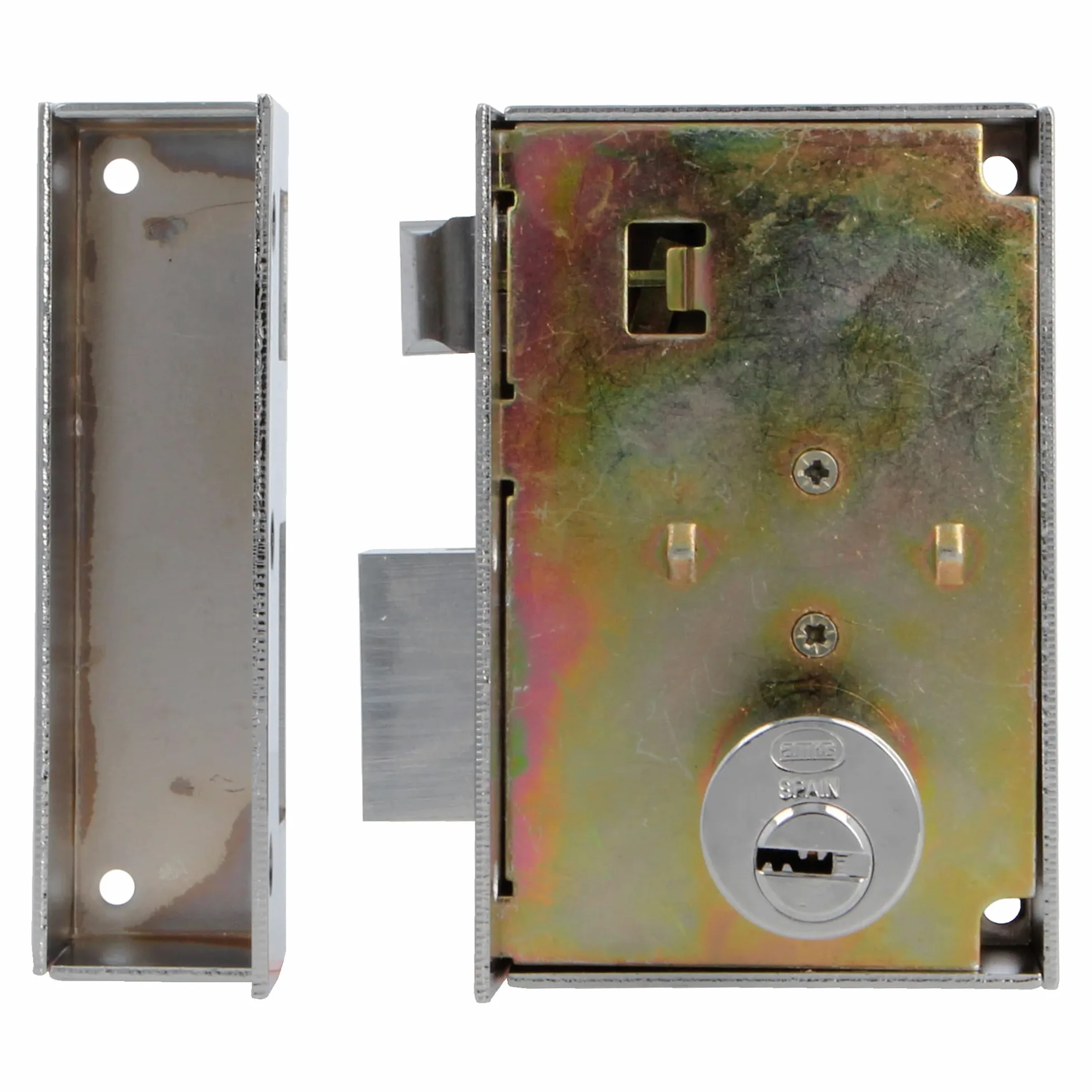 Amig - Serratura da sovrapposizione a destra con leva di chiusura, linguetta e maniglia per porte in legno mod. 75, 72 x 112 mm, cilindro rotondo di sicurezza, acciaio argentato
