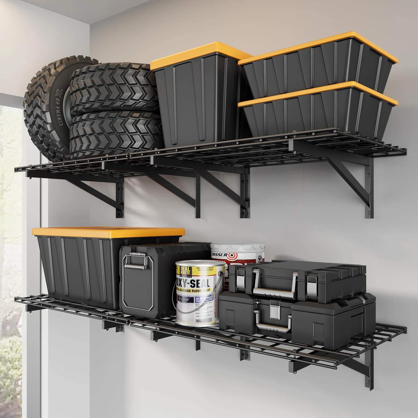 Jusgym Set di 4 mensole da parete resistenti per garage (0,6 x 0,9 m), mensole da parete per garage, capacità 453,6 kg, 61 x 182,9 cm, mensole galleggianti, colore nero