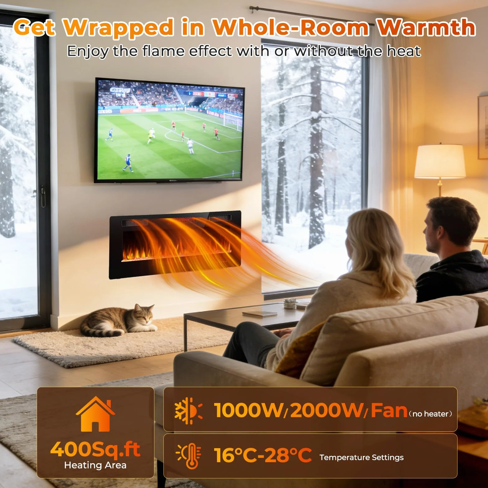 R.W.FLAME Camino Elettrico da Incasso 50 Pollici 127 cm 750/1500W Fiamma Realistica Regolabile Telecomando Riscaldamento Ultra Piatto Lineare