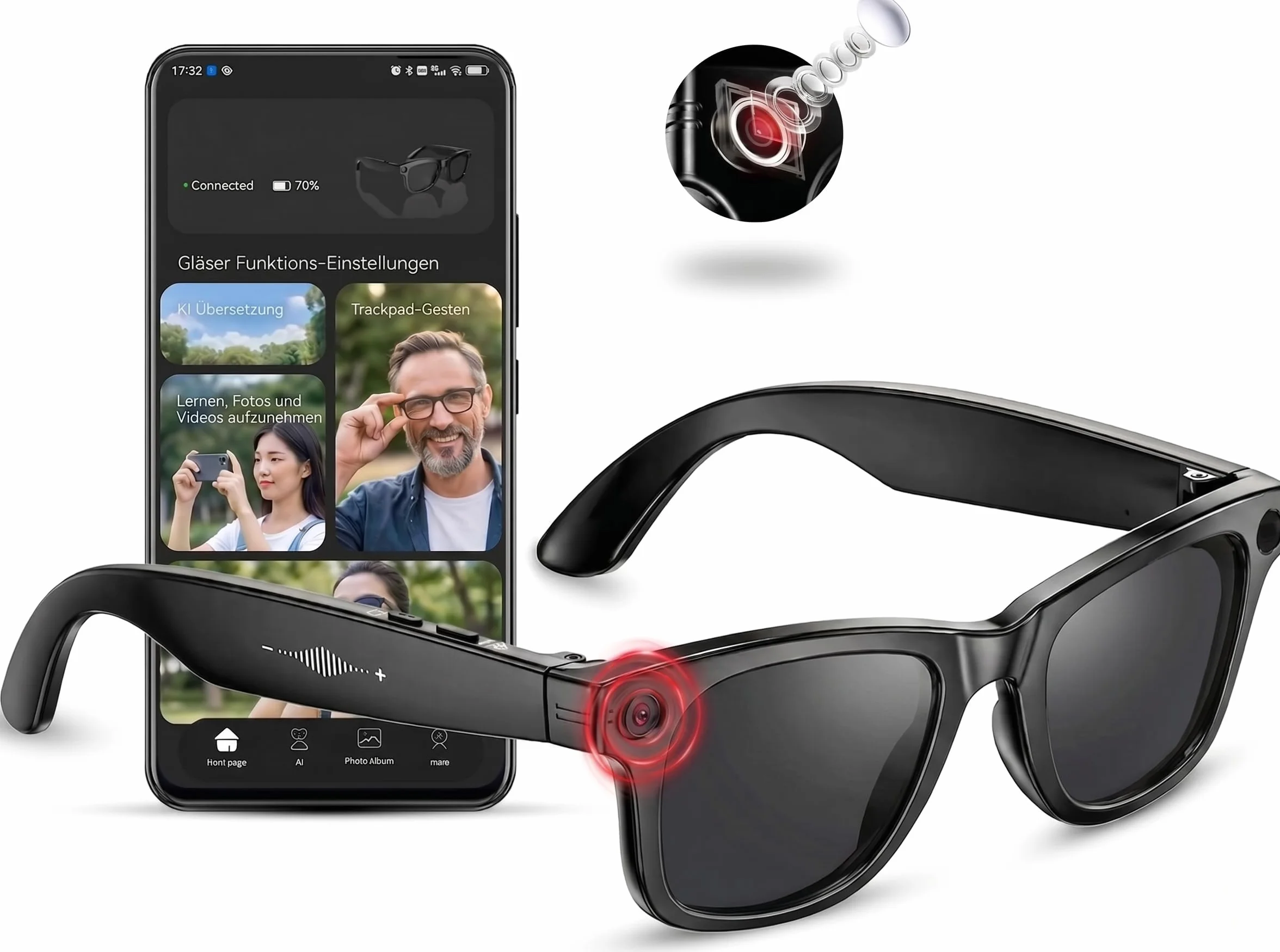 Smart Glasses con AI & Bluetooth, assistente vocale ChatGPT, protezione UV, Wi-Fi, traduzione in tempo reale in 89 lingue, fotocamera 2K, audio aperto, IP65 impermeabile, identificazione degli oggetti