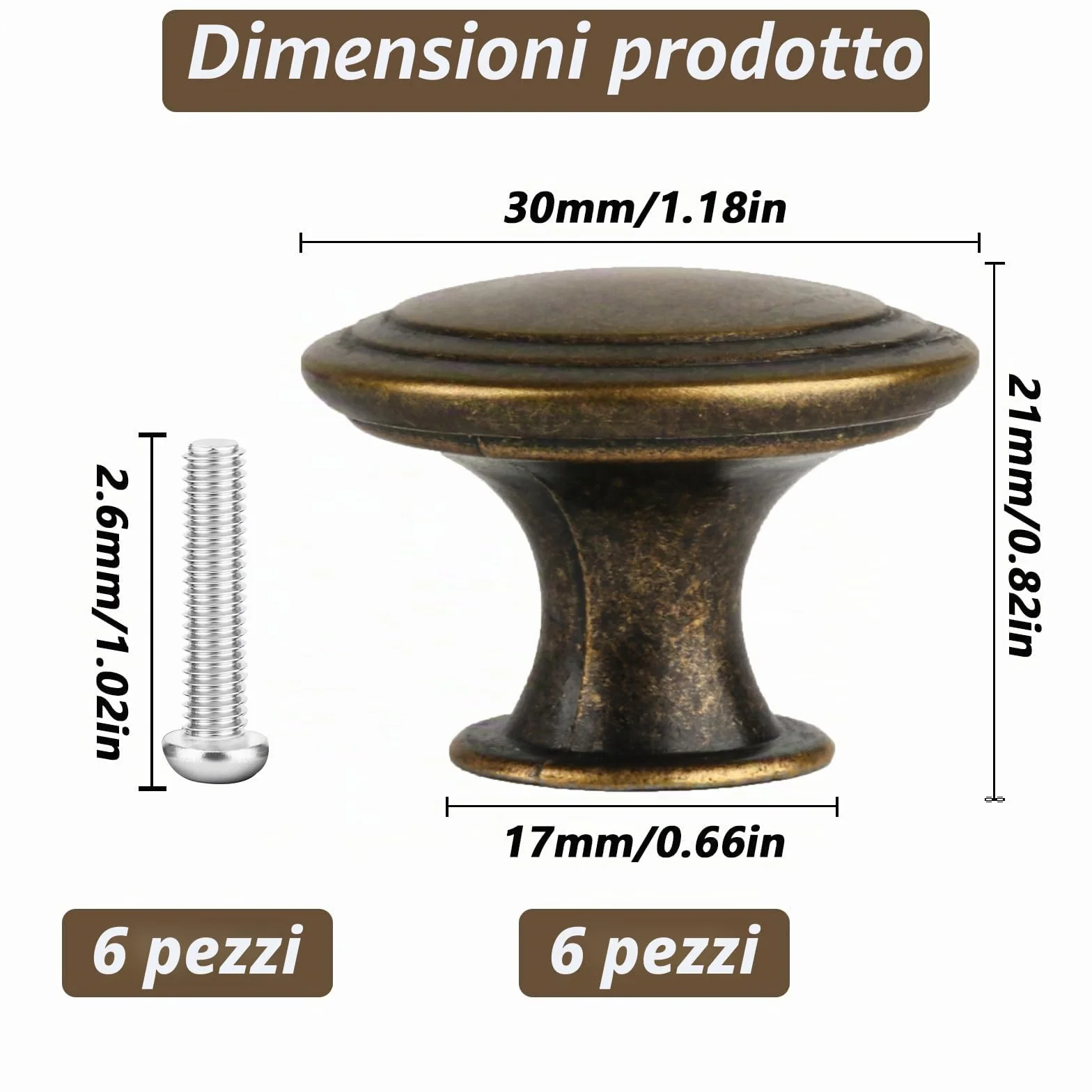 Pomelli per Mobili Vintage 30 mm Bronzo Rotonde 6 Pz