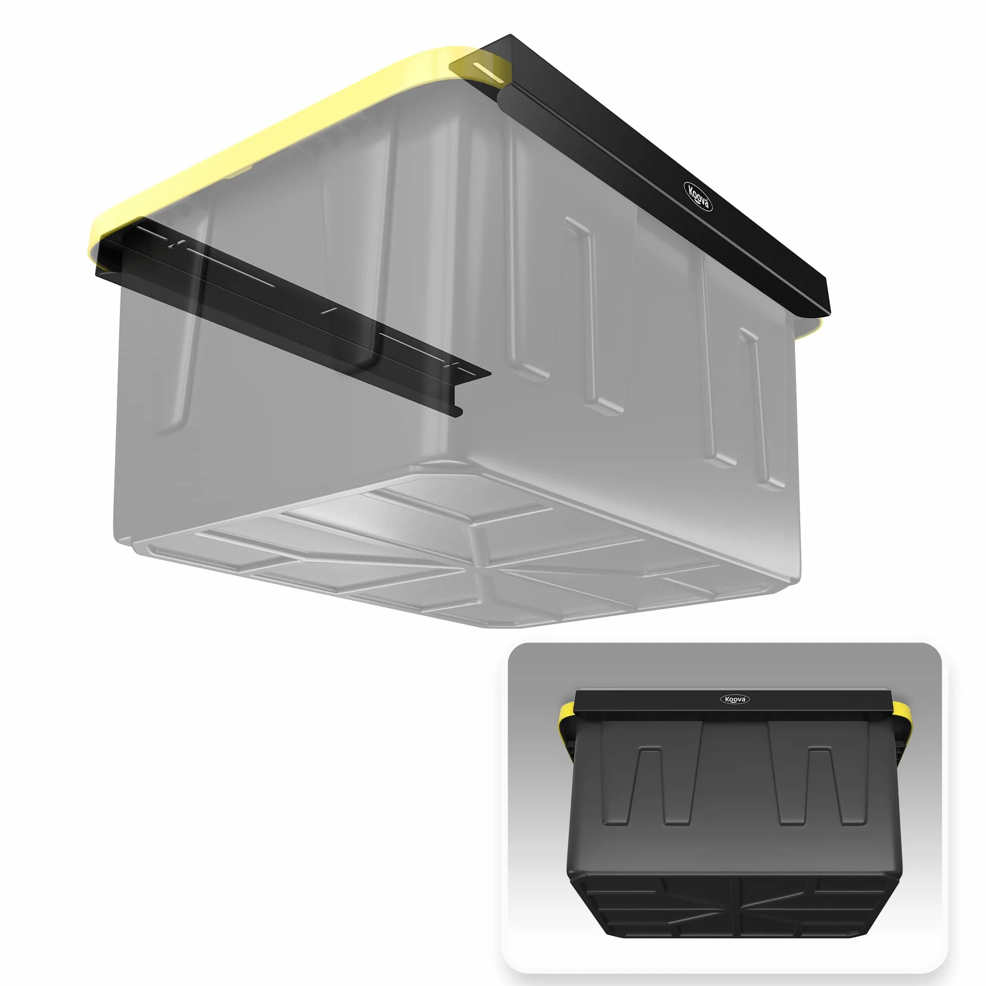 Koova Rack portaoggetti per garage per bidoni, guide con telaio, ganci da soffitto in acciaio resistente