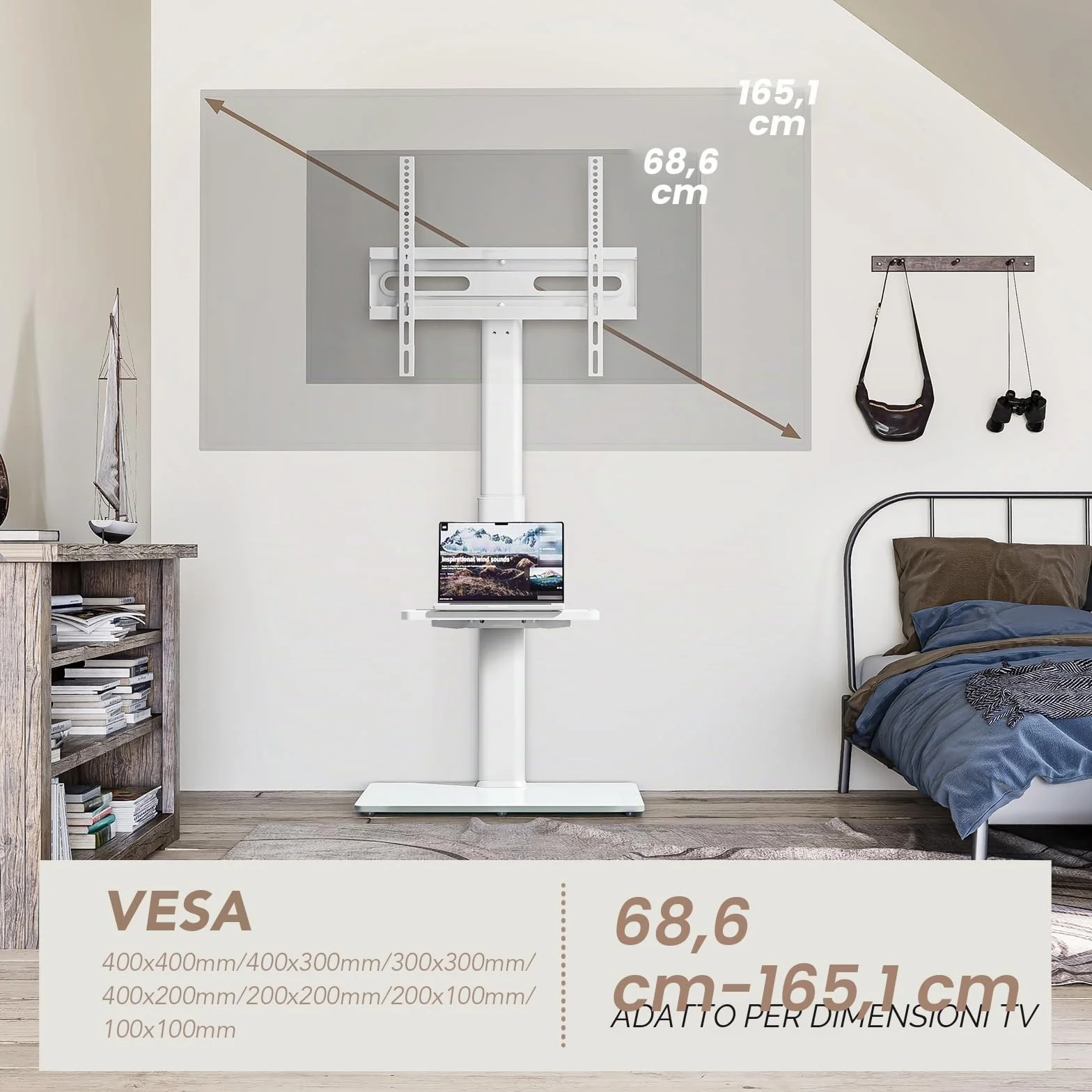 AX2006TW - Supporto universale per TV da pavimento con supporto girevole a 70 gradi, altezza regolabile a 9 livelli, design salvaspazio per la maggior parte dei televisori LCD, LED OLED da 27 a 65