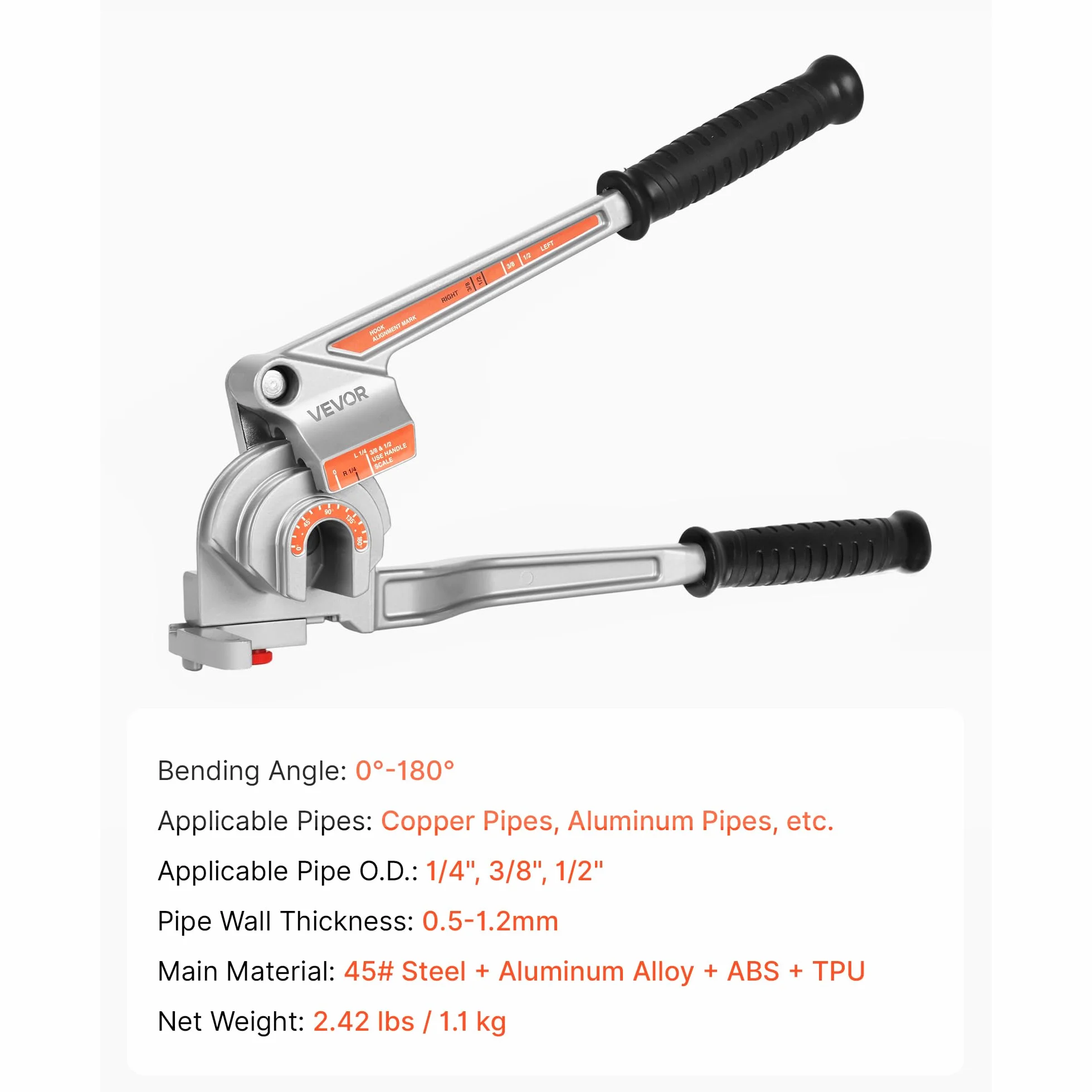 VEVOR Piegatubi Manuale, 6,35 mm 9,5 mm 12,7 mm di Diametro Esterno, Piegatubi a Leva, Utensile per Piegare Tubi in Rame e Alluminio a 180° per Riparazioni Automobilistiche, HVAC e Aria Condizionata