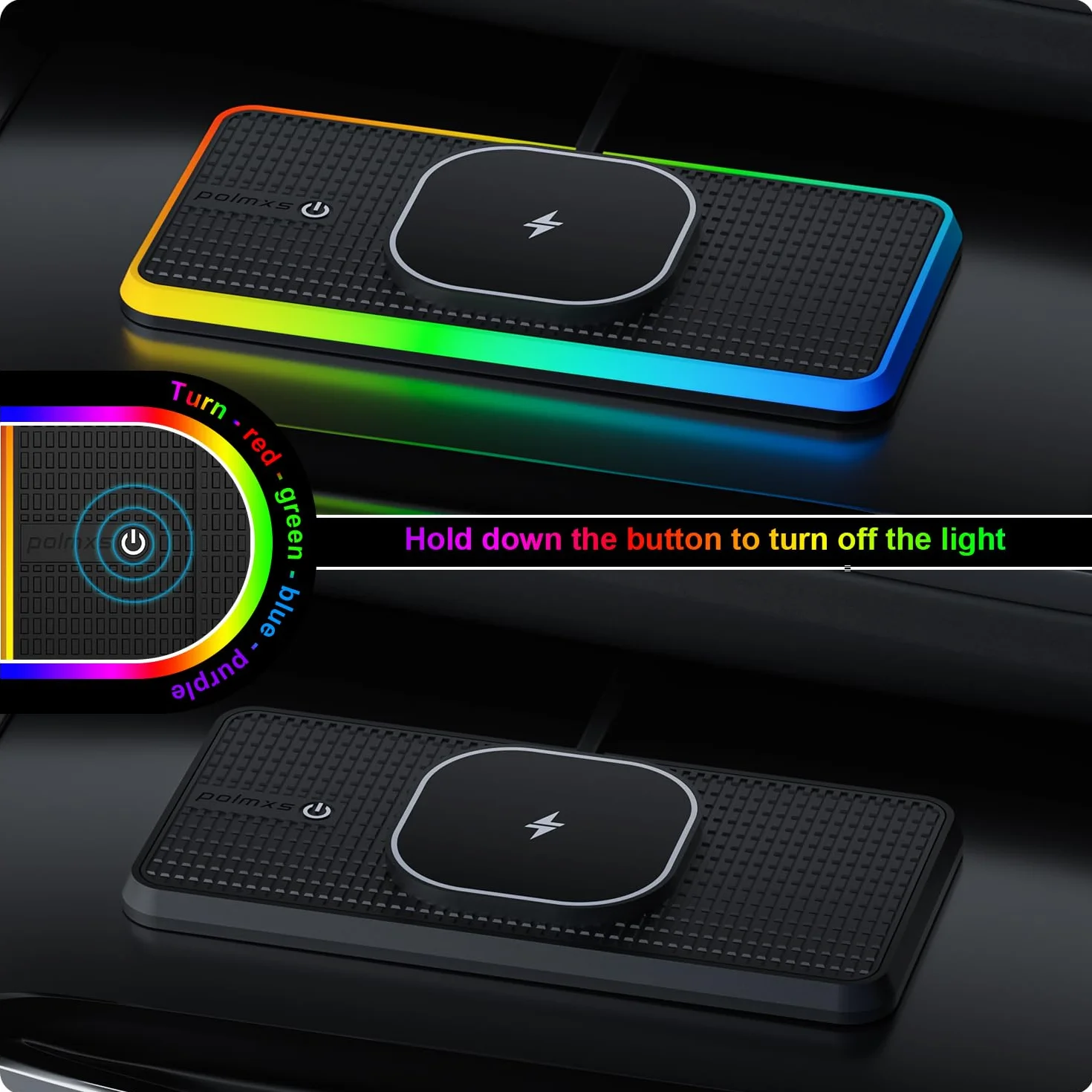 Tappetino di Ricarica Wireless Auto RGB per MagSafe, Polmxs Caricatore Wireless Auto Magnetico da 15W con LED, Cavo da 30cm + Prolunga da 70cm Compatibile con iPhone 16–12 Pro, AirPods (K1MAG)