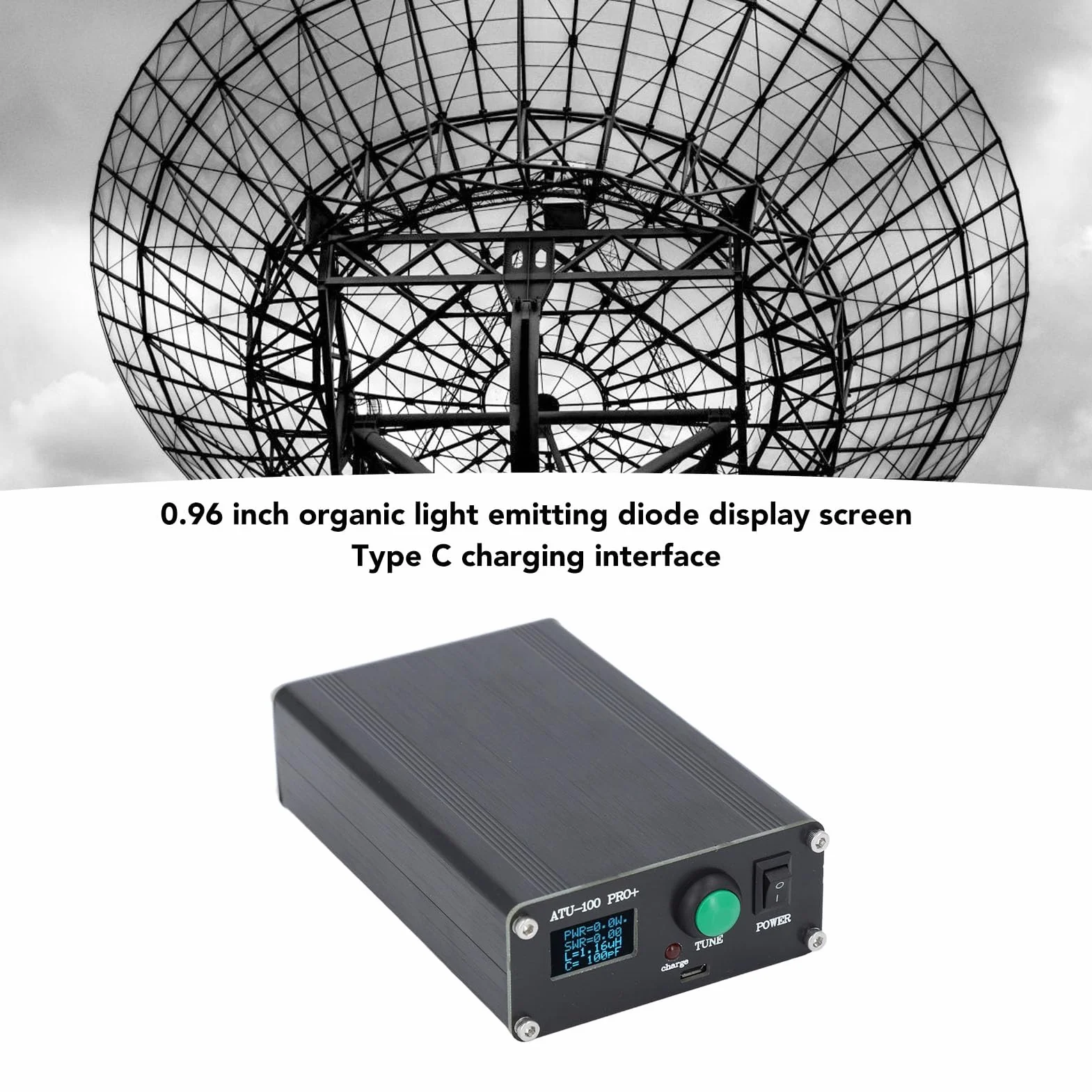 Sintonizzatore Automatico ATU 100 Pro+ per Antenna con Display 0,96 Pollici Ricarica USB Lega di Alluminio e Condensatore SMD per Apparecchiature Radio