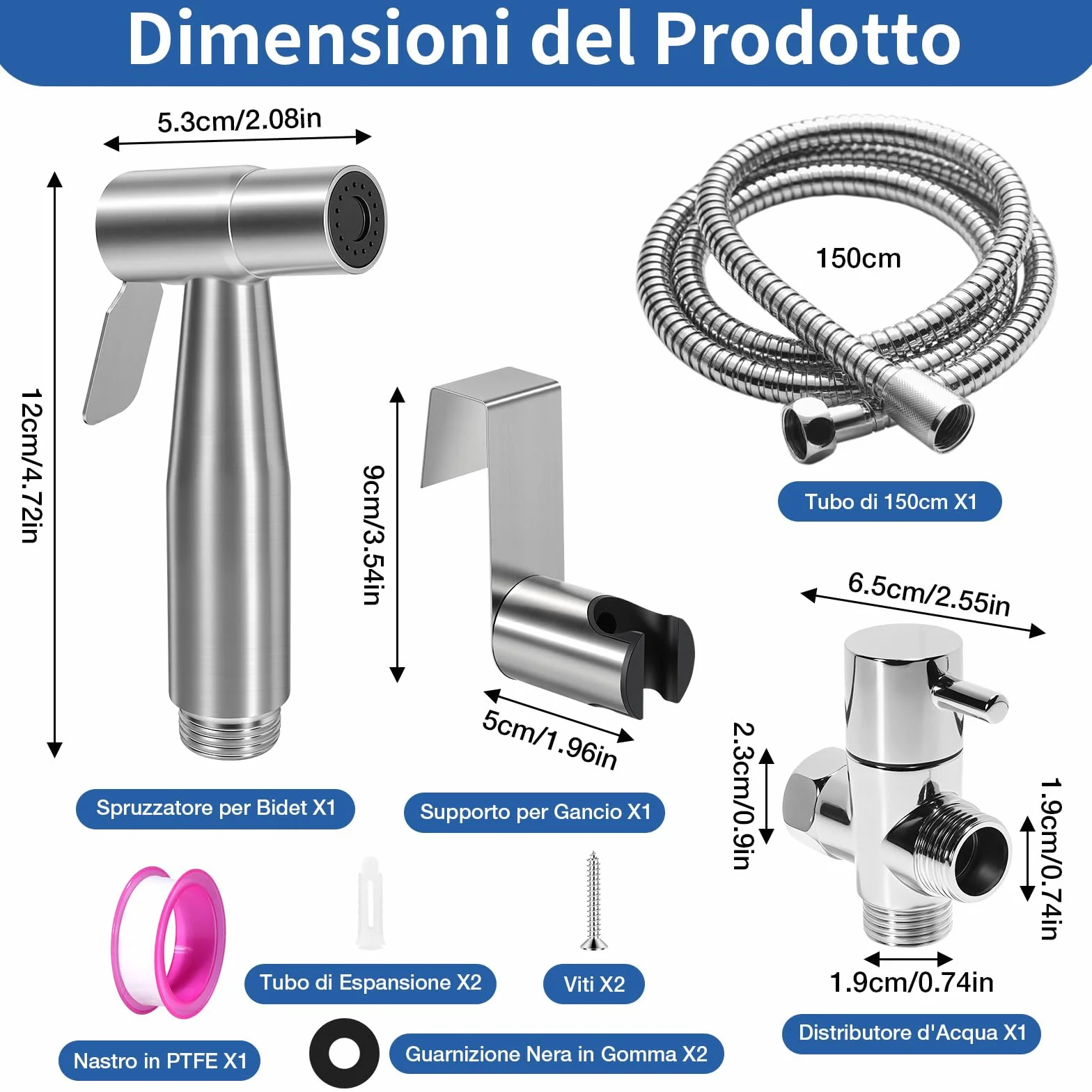 Set Doccetta per Bidet Idroscopino WC Tubo Flessibile 1,5m Supporto Adattatore Argento