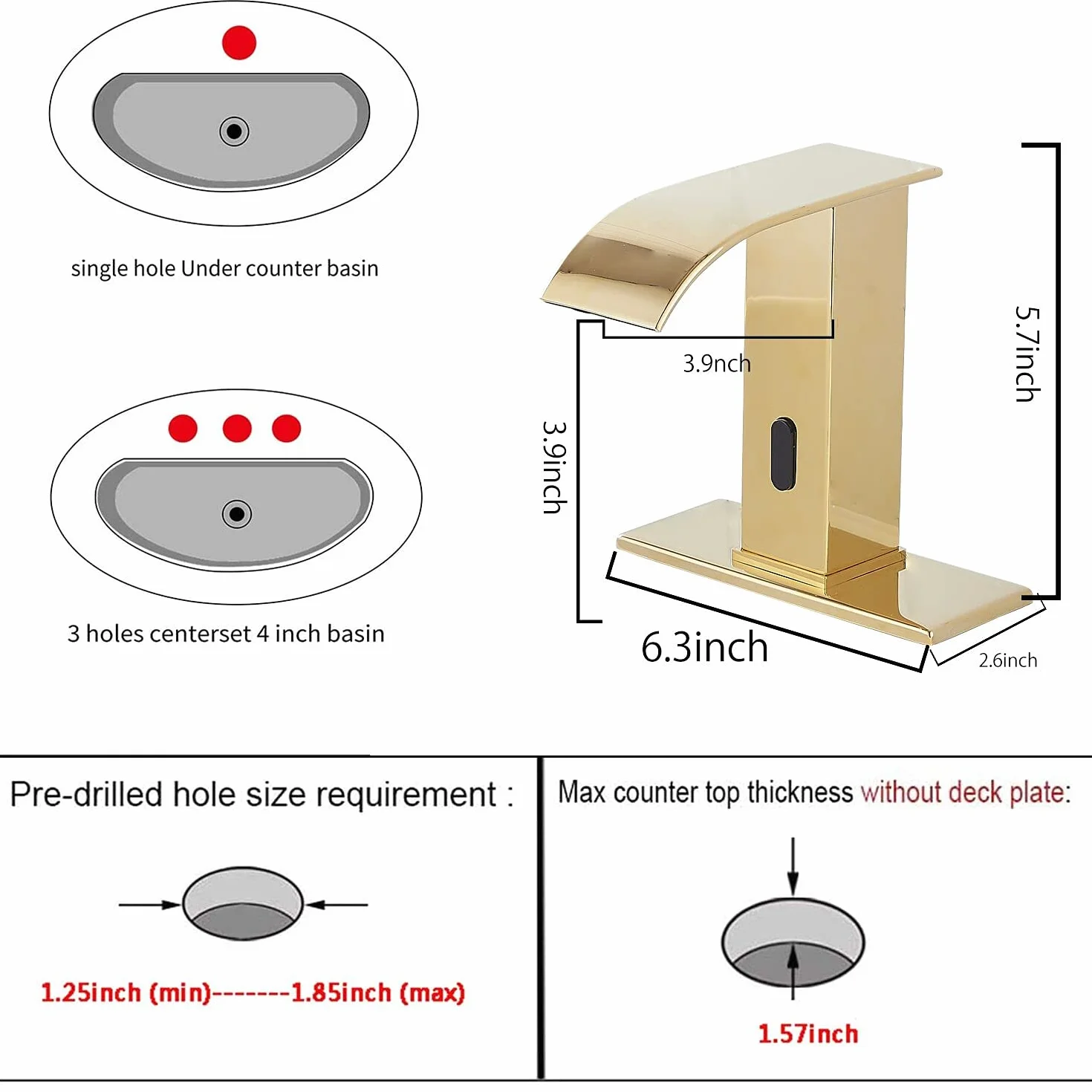 Oro Lucido Bagno Rubinetto Touchless Sensore Automatico Lavandino con Coperchio Foro Rubinetto Vanity Mani Free Cascata Scatola Controllo Miscelatore Temperatura