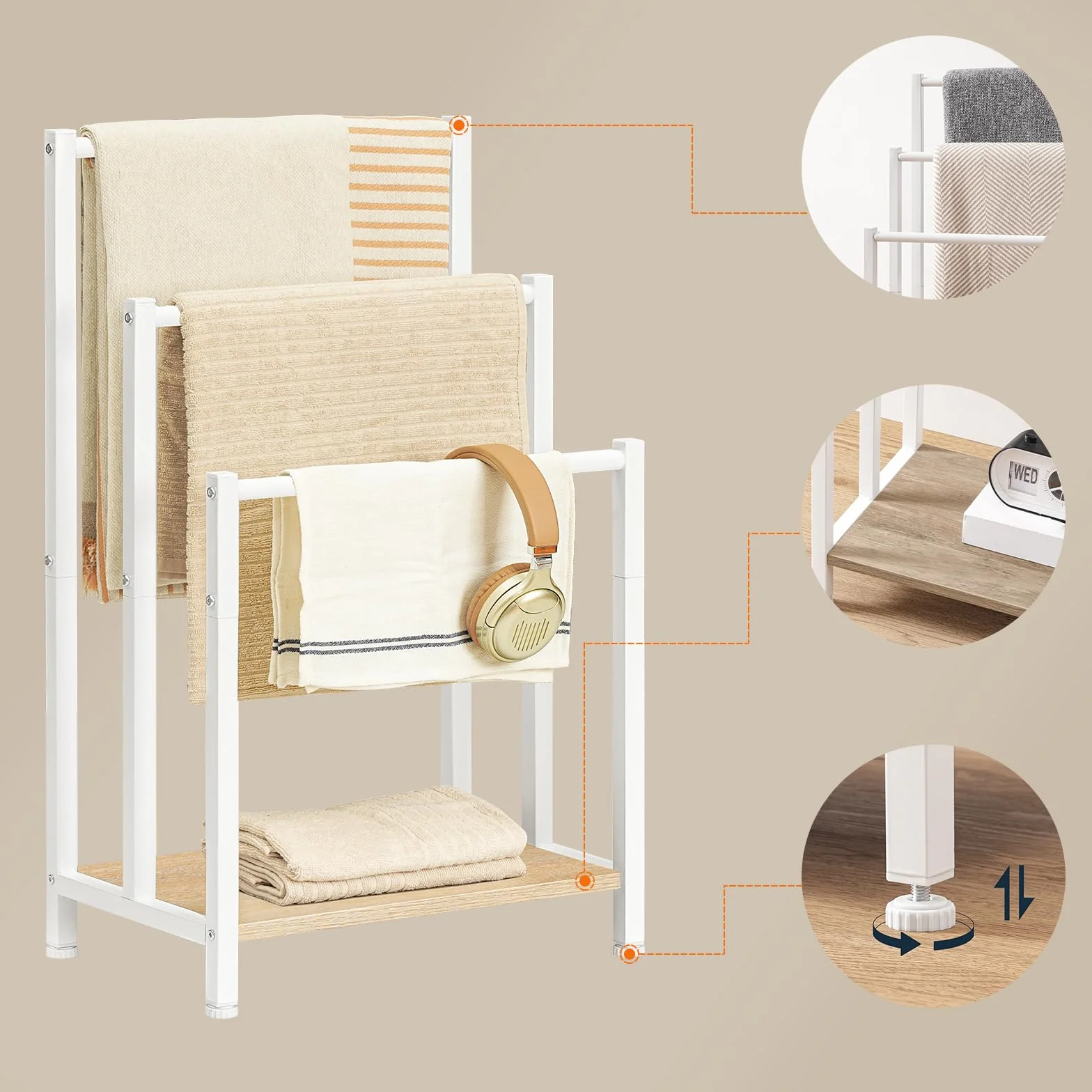 HOOBRO Portasciugamani Autoportante 3 Bracci 43x28x81 cm Bianco Naturale