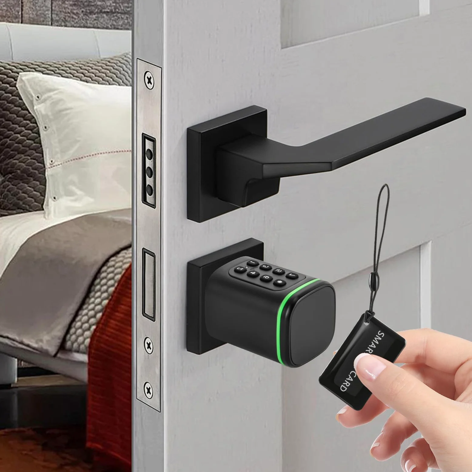Serratura elettronica nera con codice numerico Smart Lock, serratura intelligente con chiave manuale, Smart Keycard, opzioni di sblocco app, per porte da 35 a 45 mm