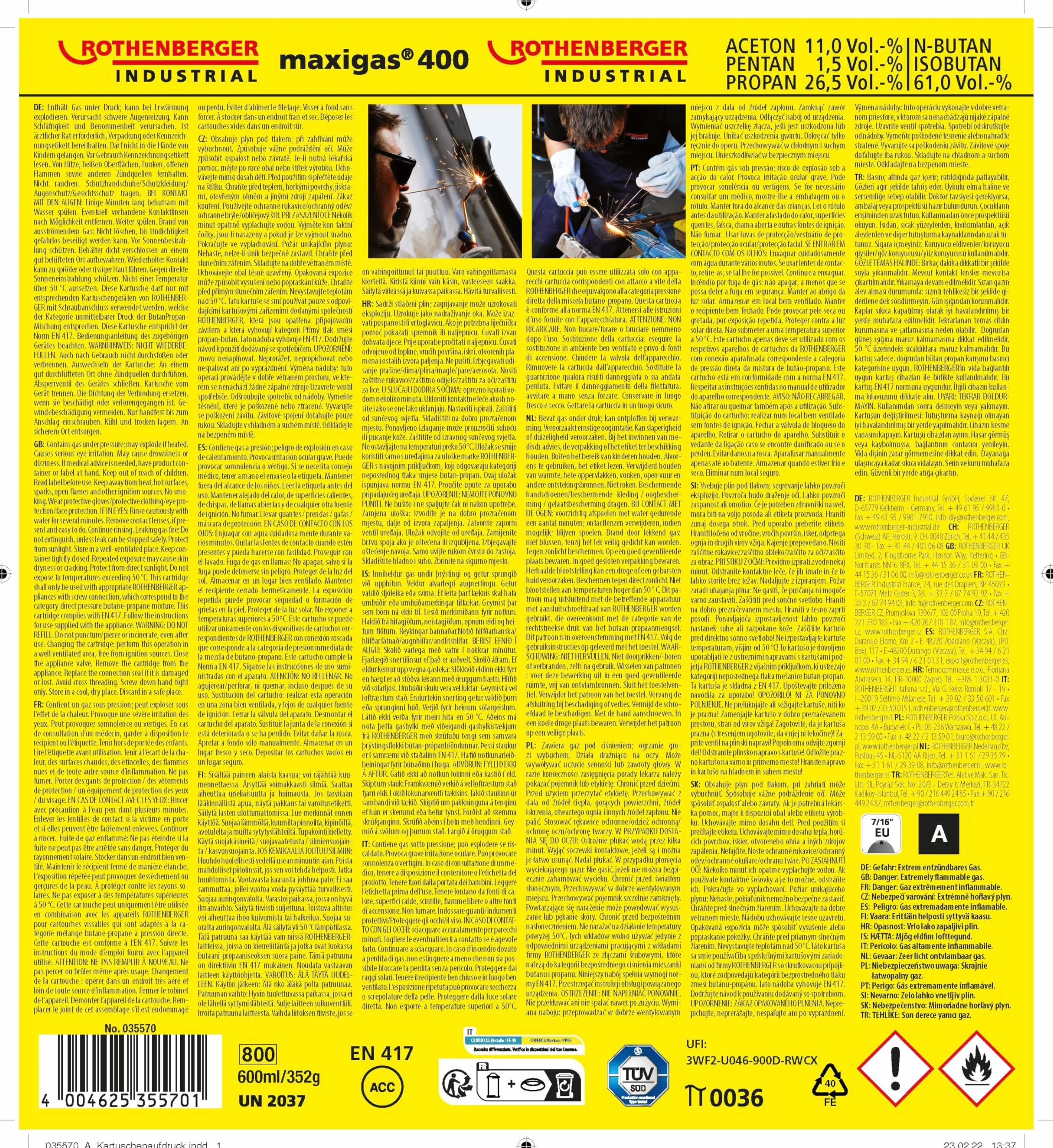 Rothenberger 35570 Maxigas 400 Miscela Speciale di Gas, 600 Ml, Giallo