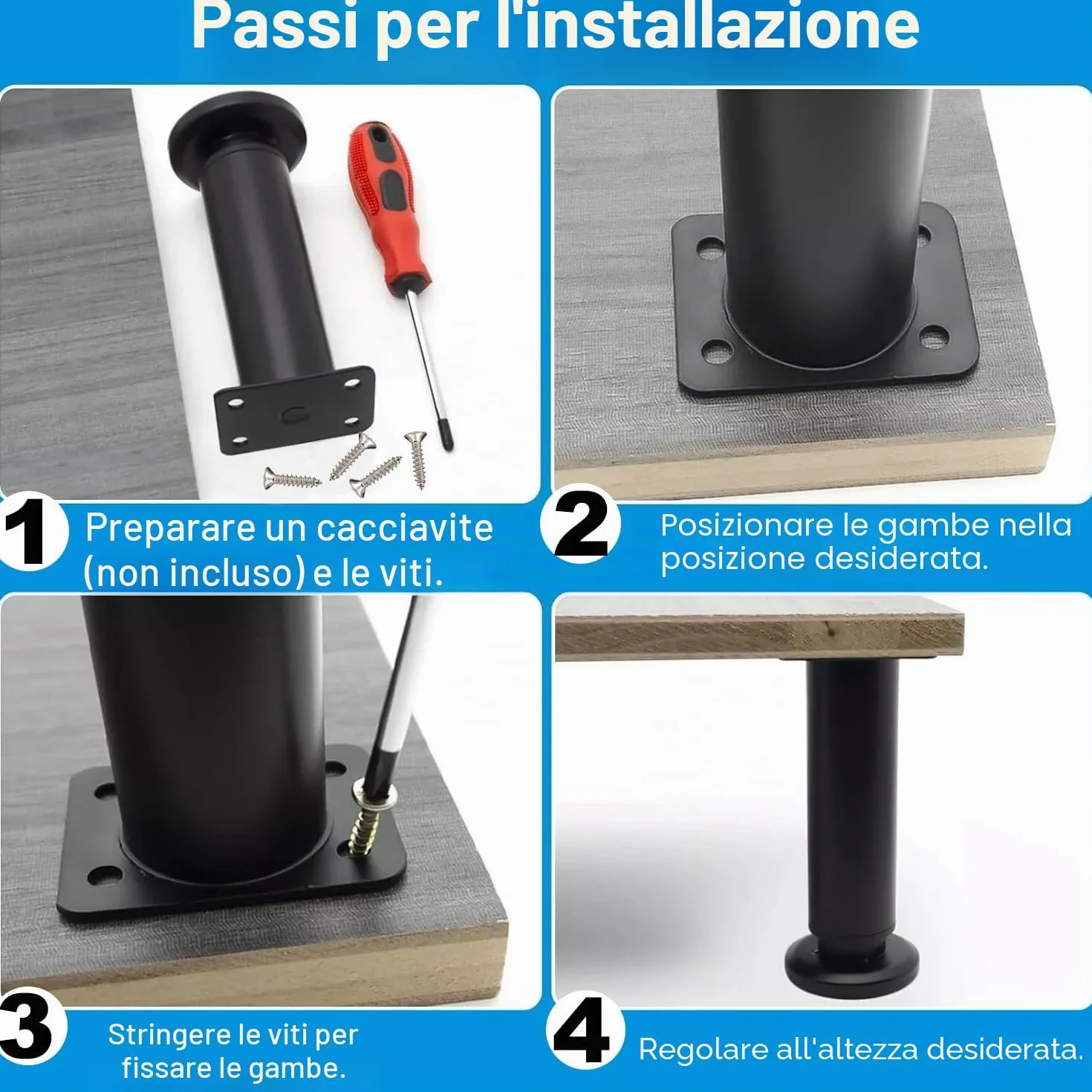 Piedini Regolabili per Mobili in Metallo 18-30cm 4 Pezzi con Viti