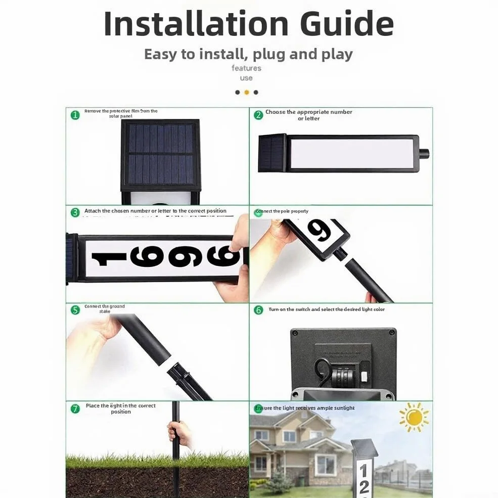Targa solare a LED con numero civico impermeabile, altezza 102 cm, con picchetto, 3 temperature di colore, altezza regolabile, doppio pannello solare per esterni, giardino, vialetto, bianco, set di