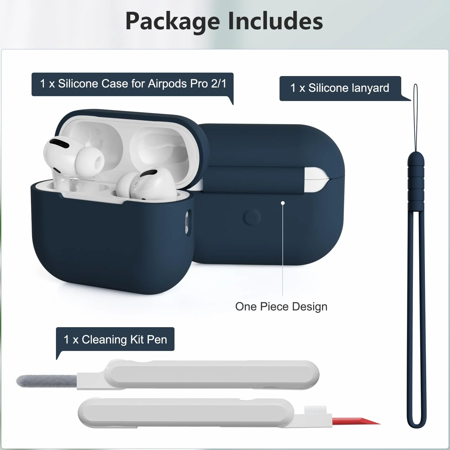 Custodia Case Compatibile con AirPods Pro 2/1 2023/2022/2019 con Kit di Pulizia e Cordino in Silicone, Case Cover Protettiva Premium in Silicone per AirPods Pro 2a/1a Generazione, Midnight Blue