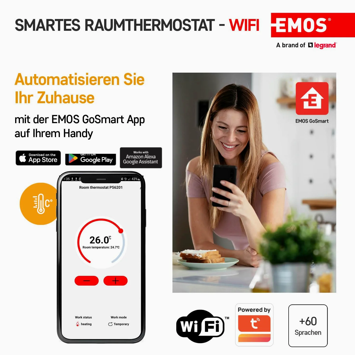 EMOS GoSmart - Termostato smart per la casa con app - WiFi - Termostato IP per riscaldamento/raffreddamento - a risparmio energetico - compatibile con Tuya, Google Assistant e Alexa - bianco
