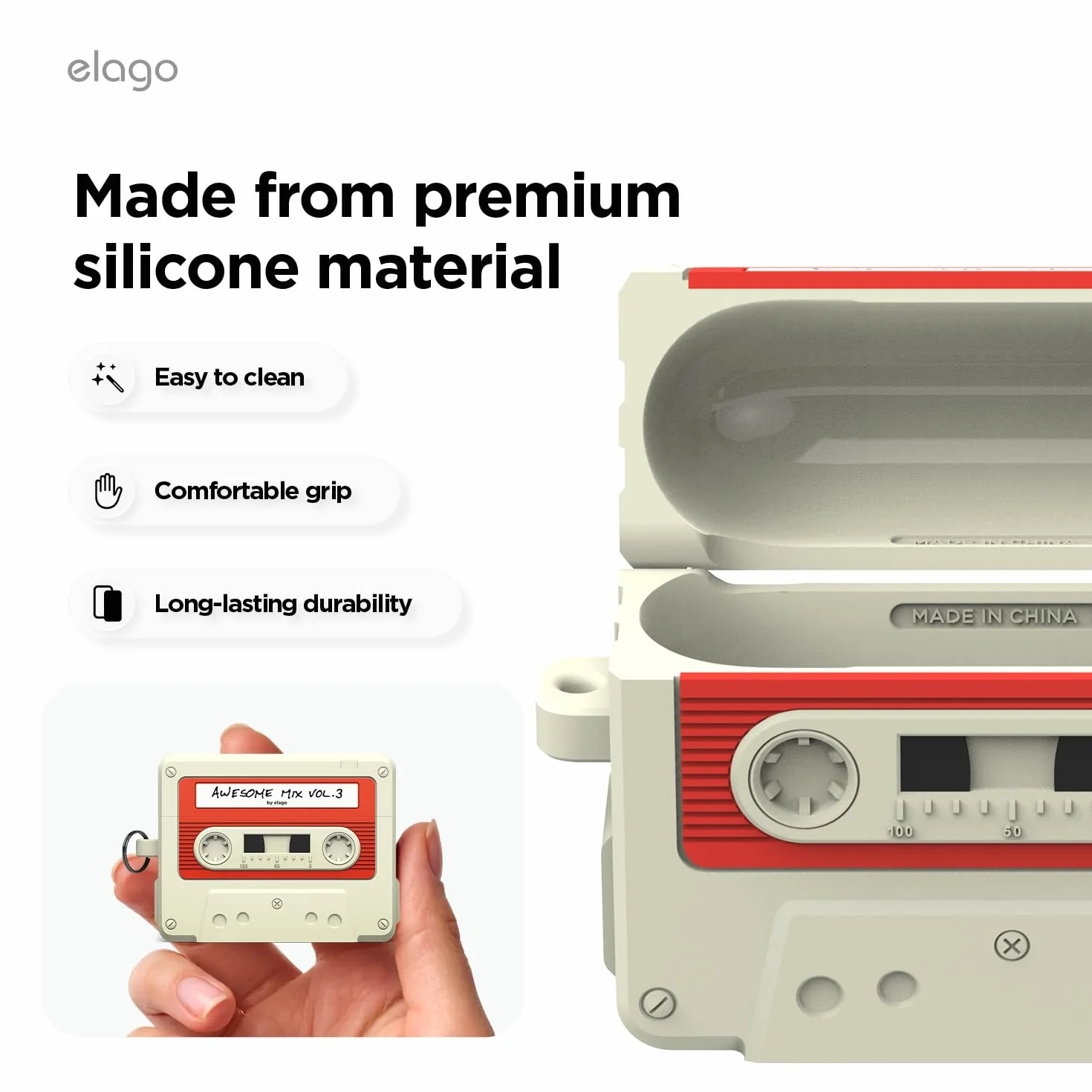 elago Custodia a Cassetta Retro Compatibile con AirPods Pro 3, con Moschettone, Ricarica Wireless, Antiurto, in Silicone Morbido, LED Frontale Visibile (Bianco Classico)