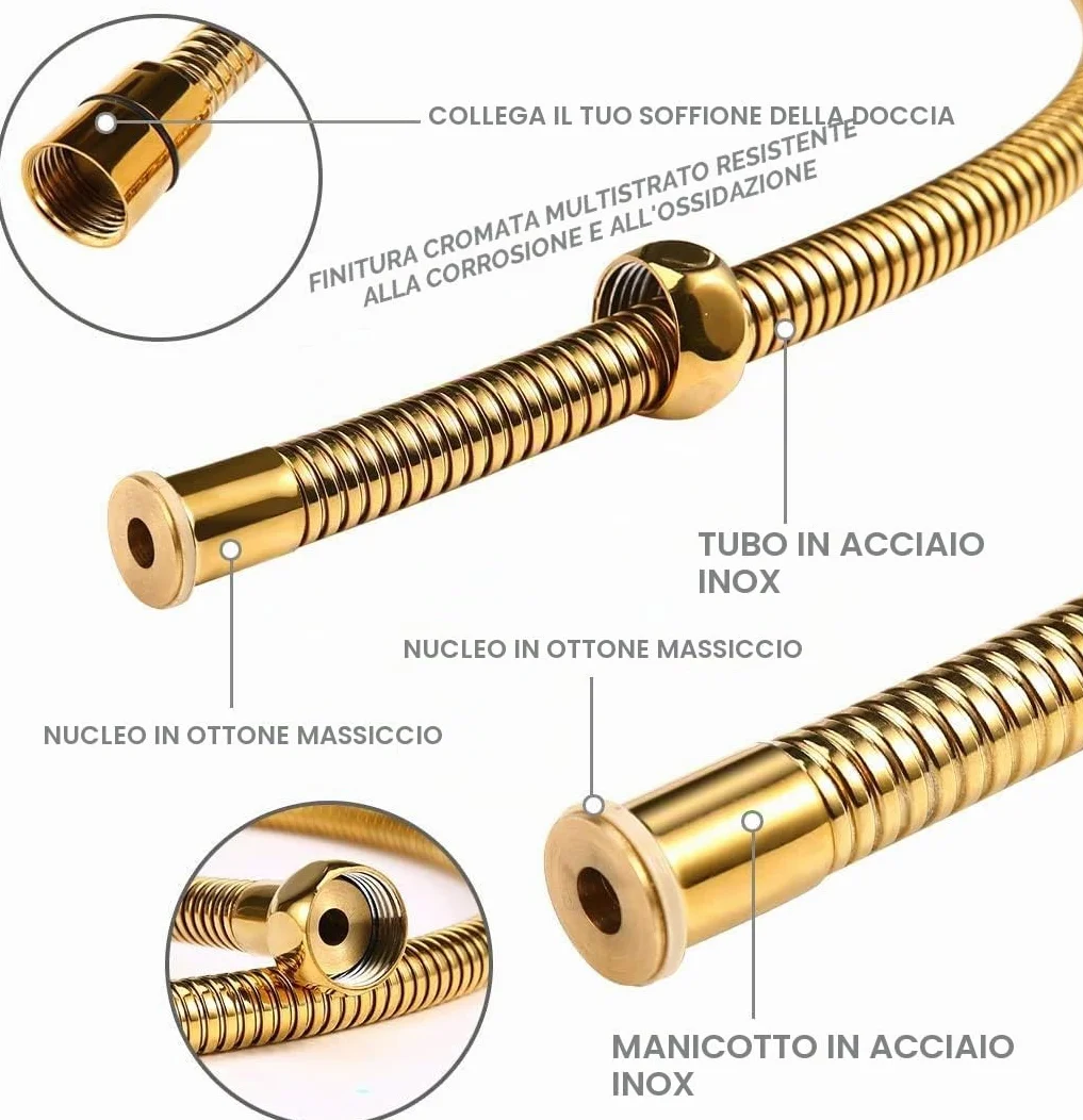 Tubo doccia dorato per doccetta doccia, Tubo flessibile per doccia oro 1,5M in acciaio INOX, Anti-nick, regolabile, cromato