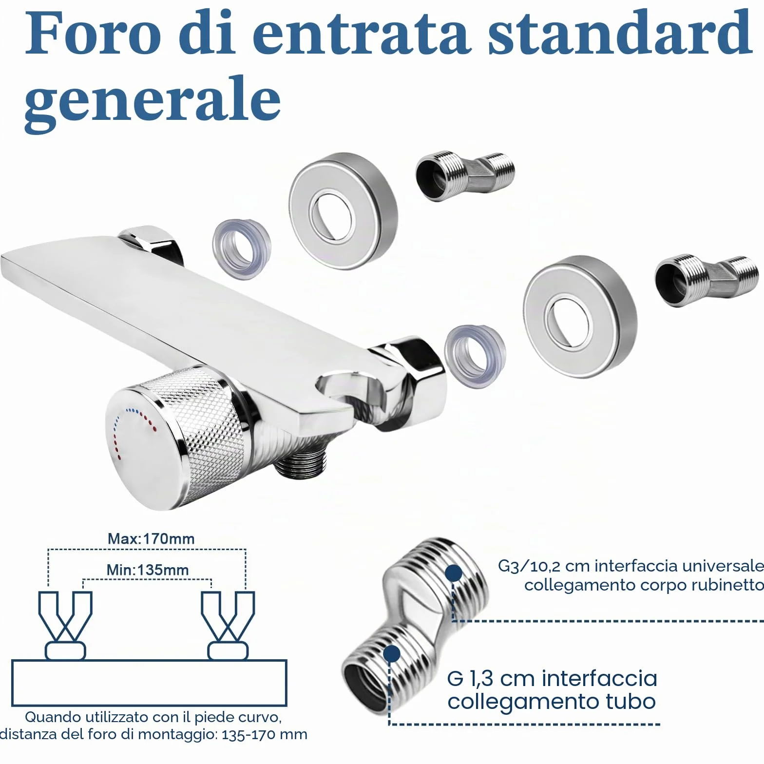 Rubinetto Vasca da Bagno a Parete, Miscelatore Cascata con Doccetta, Tubo 1,5m Antigroviglio, Ottone Massello, Cromato Argento