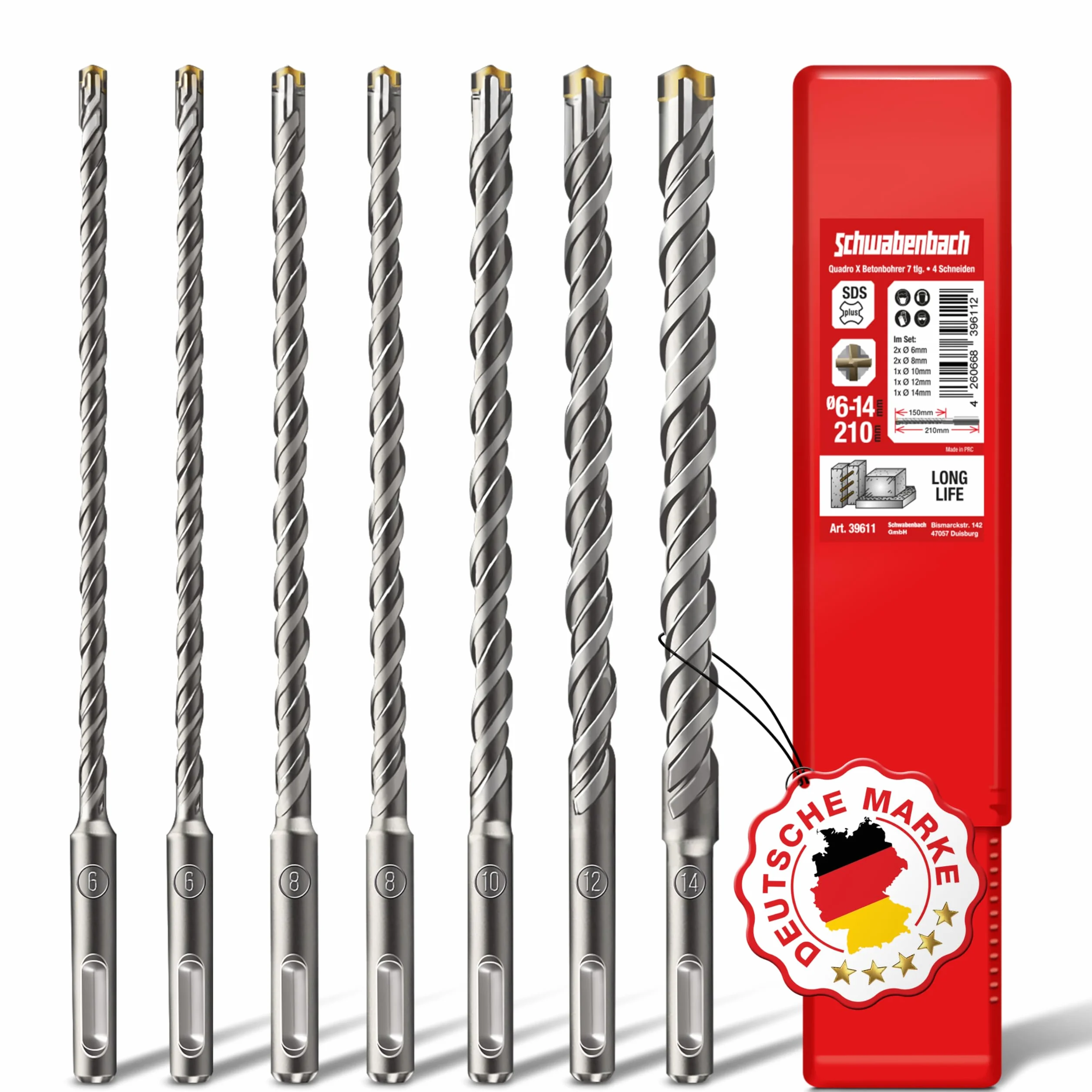 SCHWABENBACH Set Punte Trapano SDS Plus 7 Pezzi Ø 6-14 mm x 210 mm per Calcestruzzo e Pietra Compatibile Bosch Hilti Metabo