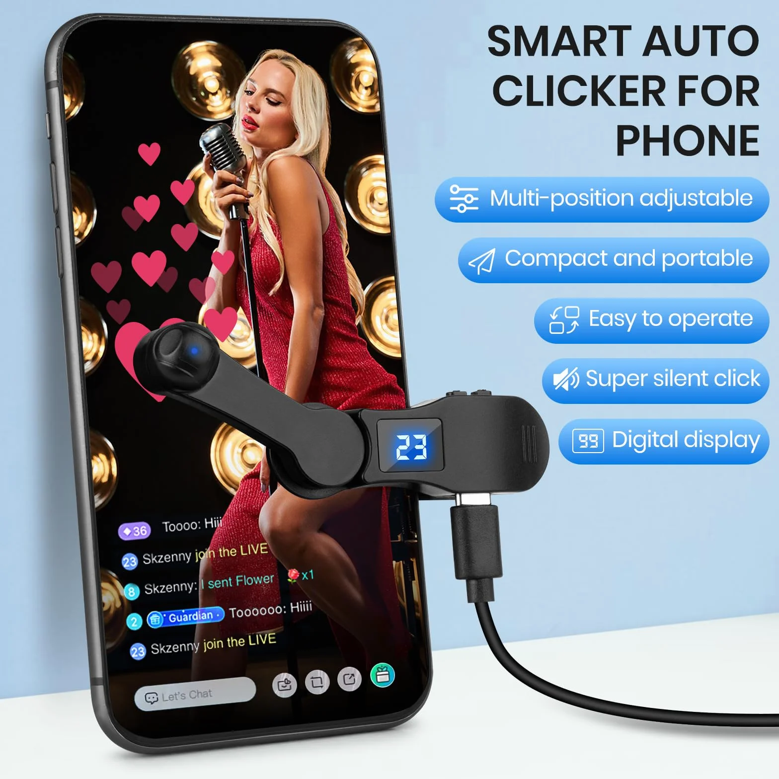 Clicker automatico per smartphone, dispositivo per schermo del telefono, per app iPhone, iPad, simulazione rapida del dito, clic continuo per gioco, trasmissioni in diretta, affare lampo, attività