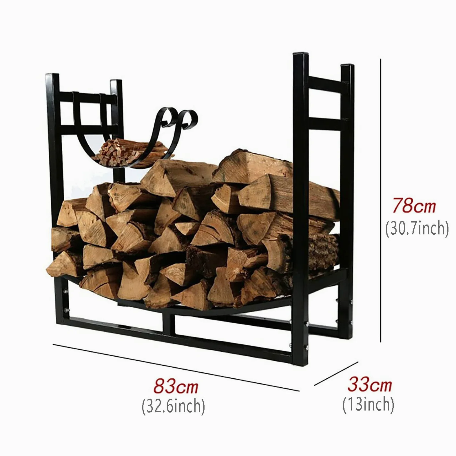 Portalegna da ardere in metallo resistente nero, scaffale per legna da ardere alto 78 cm, ripiano per accessori per caminetto da esterno, resistente alla ruggine, facile da montare
