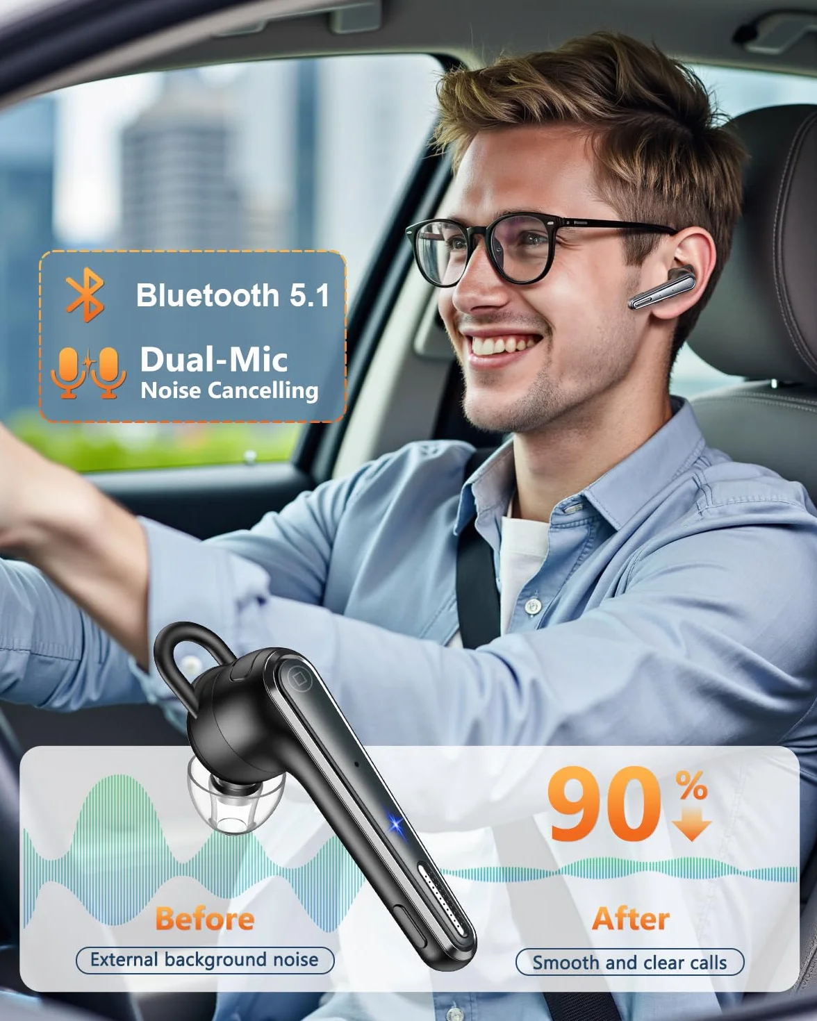 New Bee Auricolare Bluetooth Vivavoce V5.1 con 50 ore di conversazione, auricolare vivavoce ultraleggero con cancellazione ENC a doppio microfono, connessione a doppio dispositivo per la guida/lavoro