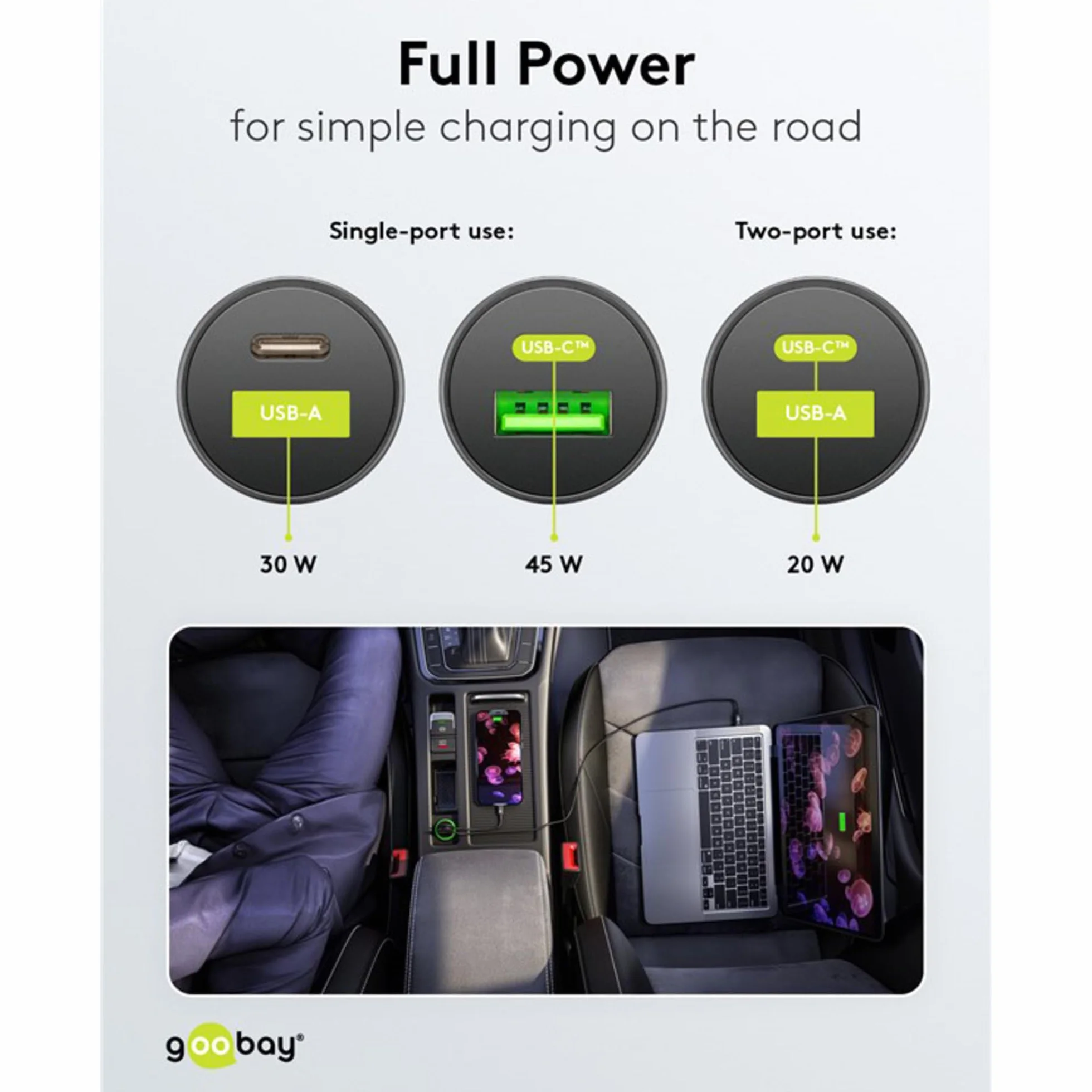 Goobay 61739 - Caricabatteria da auto Dual USB, ricarica rapida, USB 3.0 e USB-C/adattatore accendisigari per auto con erogazione di potenza 45 W a 12-24 V