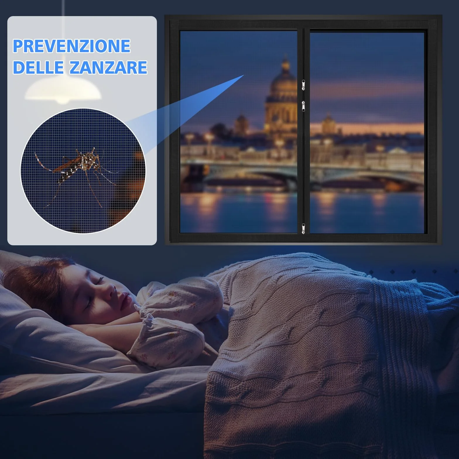 Zanzariere per Finestre con Cerniera Bidirezionale, 70x125 cm, Maglia in PP Antizanzare Traspirante, Nero
