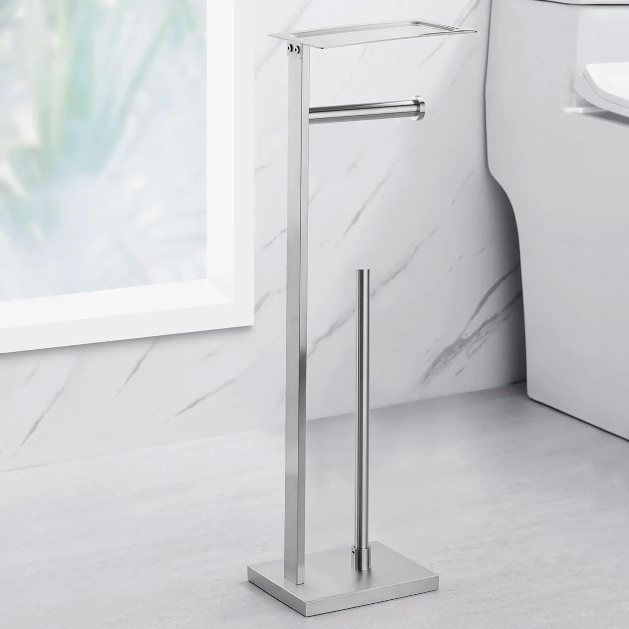 Miyili Porta carta igienica autoportante in acciaio inox con ripiano quadrato finitura spazzolata, F04N2