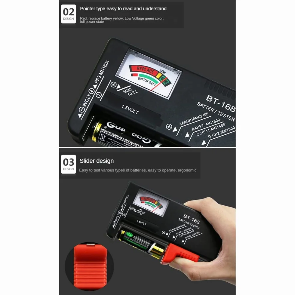 BT-168 AA/AAA/C/D/9V/1,5 V Batterie Batteria a bottone universale Misuratore codificato a colori Indicare Volt Tester Checker BT168