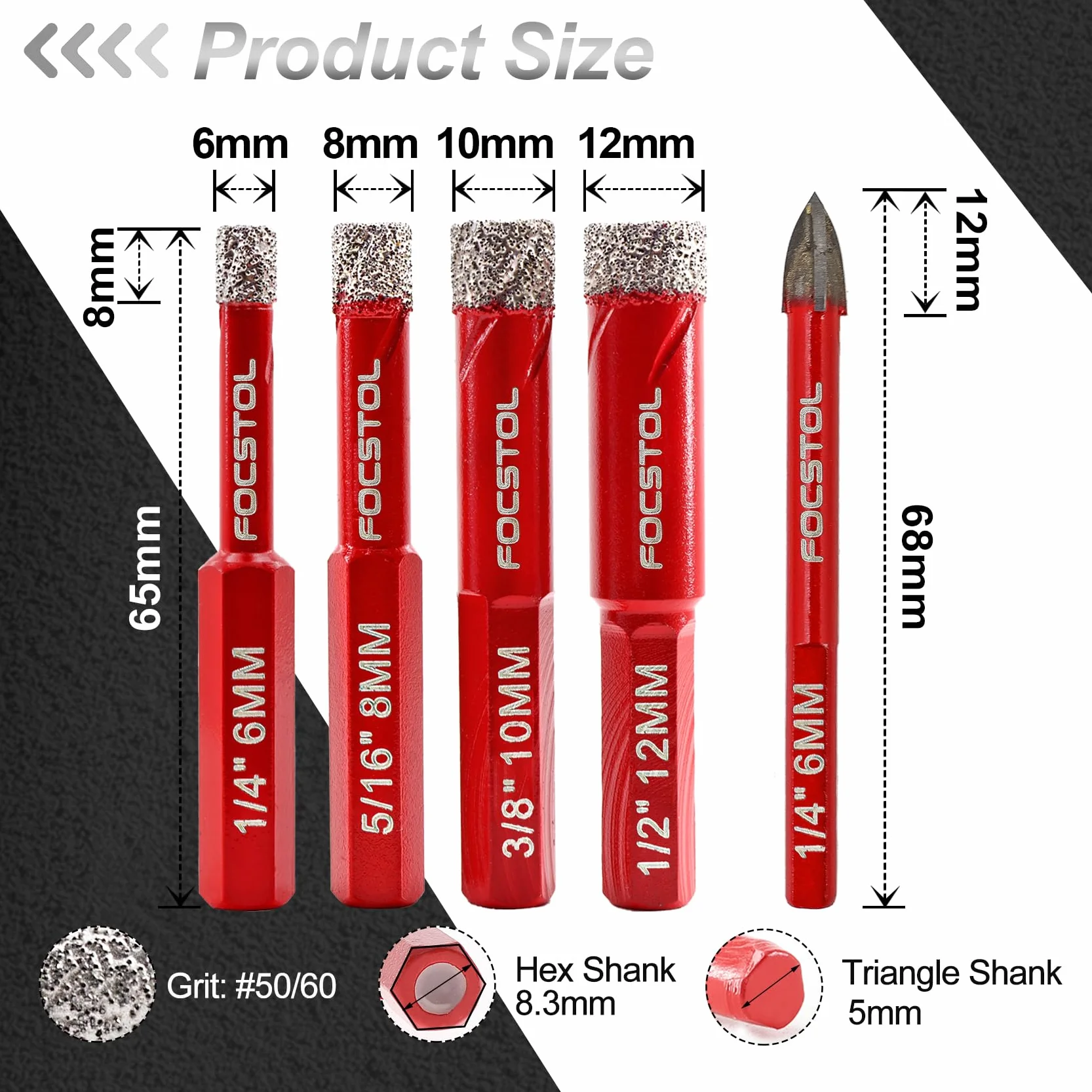 FOCSTOL Set Punte Trapano Diamantate 5 pezzi 6/8/10/12mm Sega a Tazza Diamantata per Porcellanato Ceramica Marmo Granito