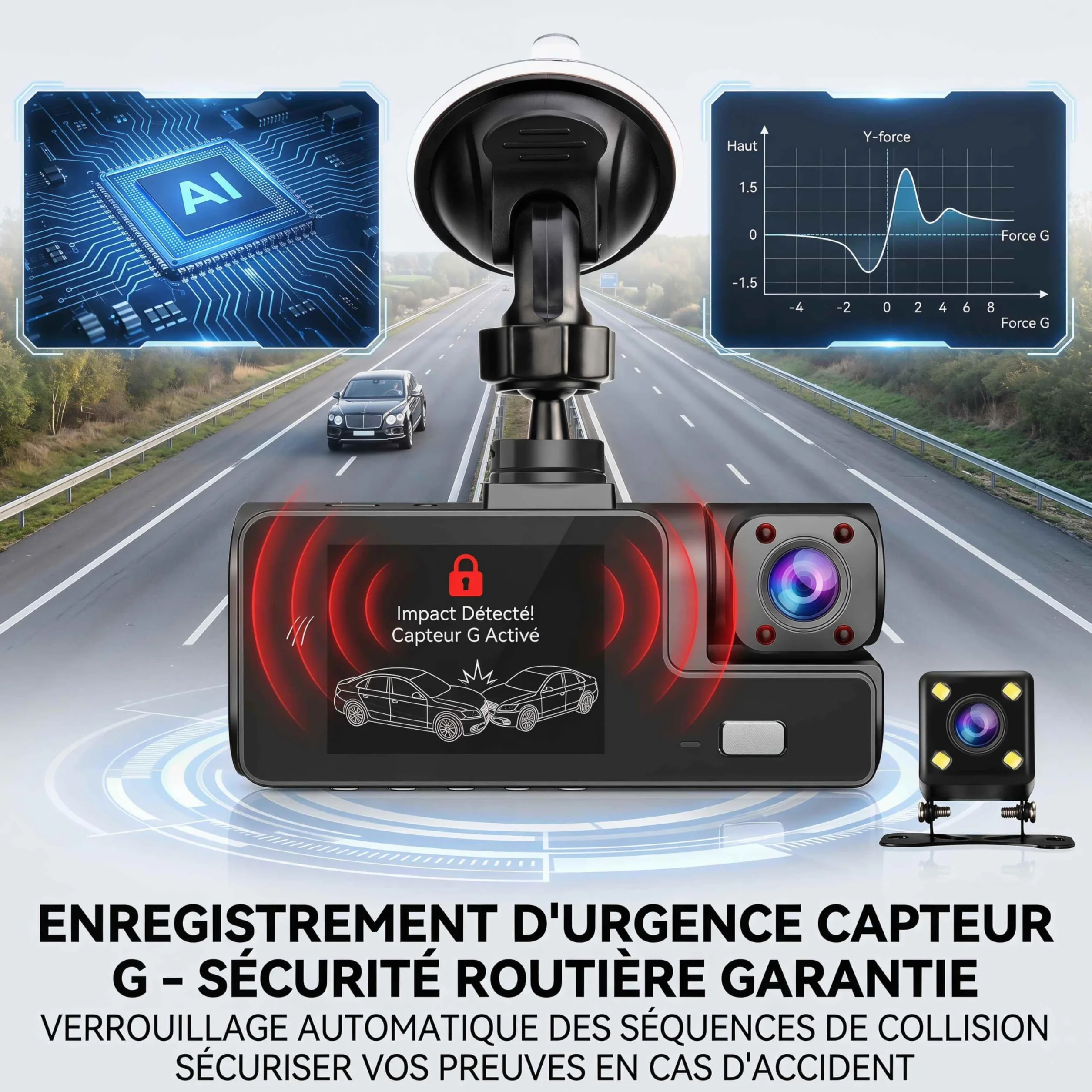 Telecamera Dashcam 3 telecamere 1080P Full HD | Massima sicurezza a 360° senza angolo morto, visione notturna e parcheggio monitorato, WiFi integrato rilevamento del movimento, ideale per i conducenti