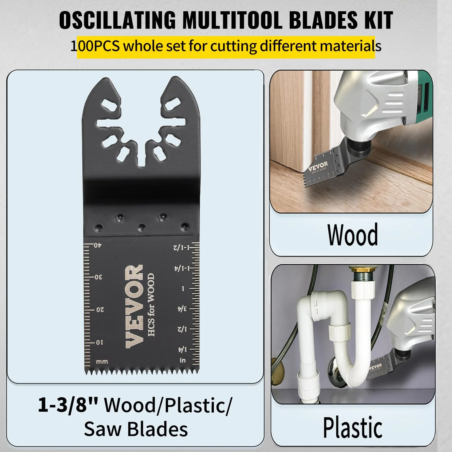 VEVOR Set di Lame Oscillanti 100 Pezzi in HCS per Utensile Multifunzione Taglio di Legno, Kit di Lame Multifunzione Totale 100 Pezzi Sostituibili per Taglio Plastica Legno