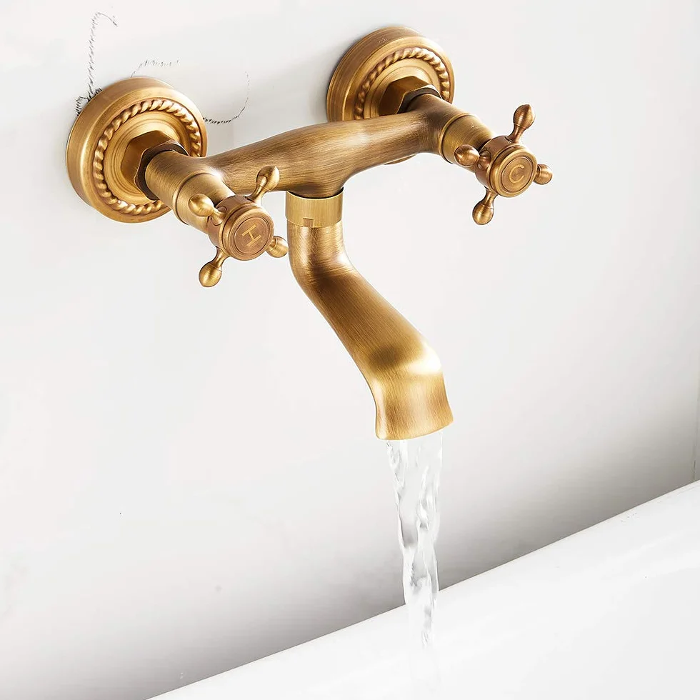 Rubinetto a Muro Anticato Bronzo Vintage Rotazione 180° Miscelatore Cucina Doppie Manopole Ceramica