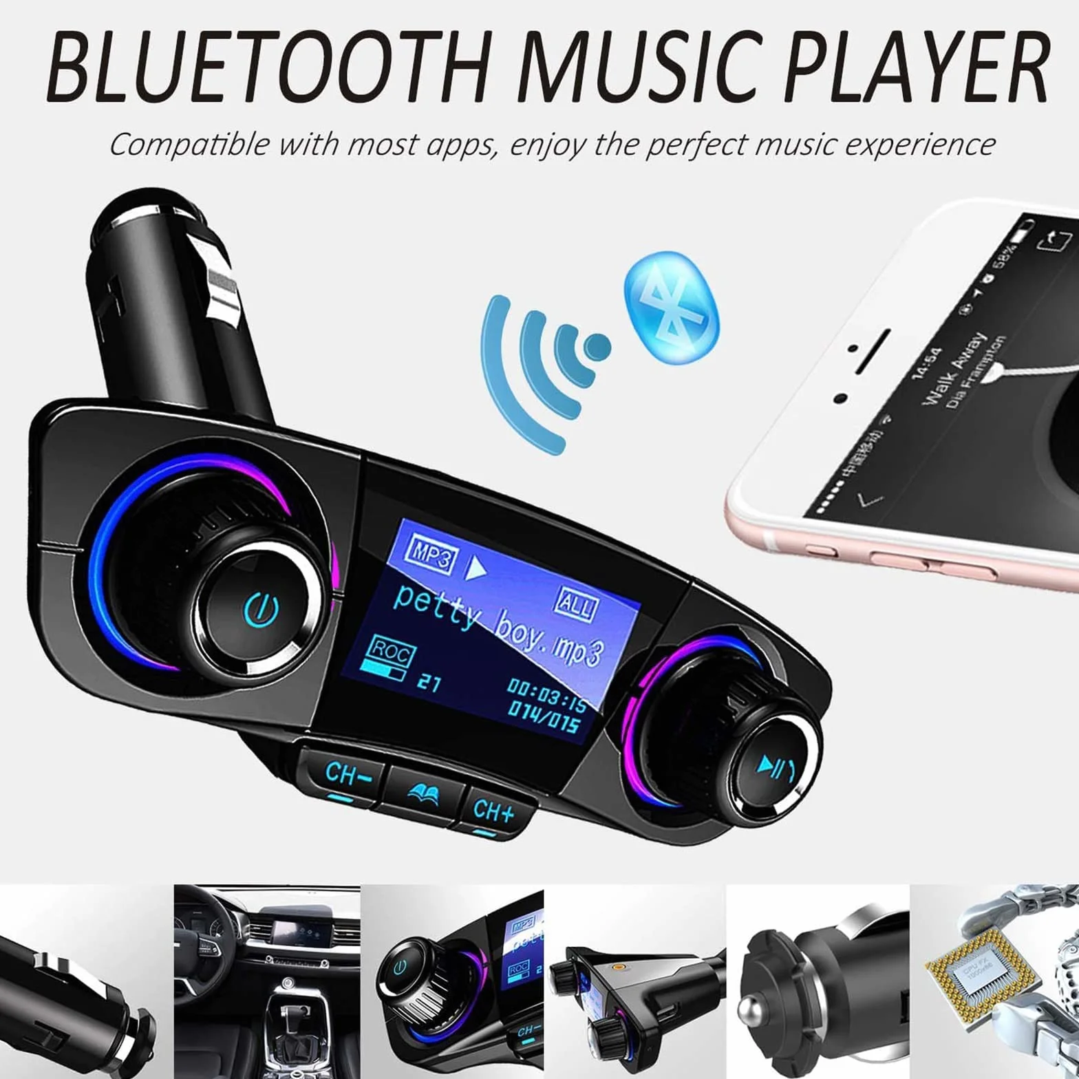 Bluetooth trasmettitore FM lettore MP3 kit vivavoce per auto wireless radio audio compatibile con Dual USB 5 V 2.1 A U disk TF Card