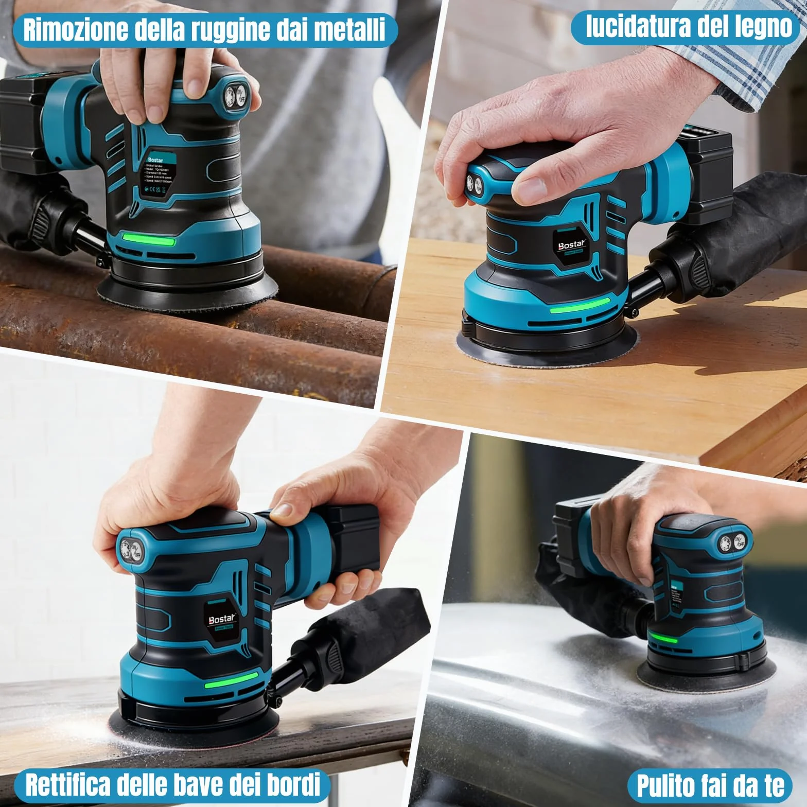 Bostar Levigatrice Rotorbitale a Batteria 18V, Ø125mm Motore Brushless, 2 Batterie 3.0Ah, Max. 21000 Giri/min, 6 Velocità, Sacco Polvere, Levigatrice Orbitale per Legno e Auto, Compatibile Makita 18V