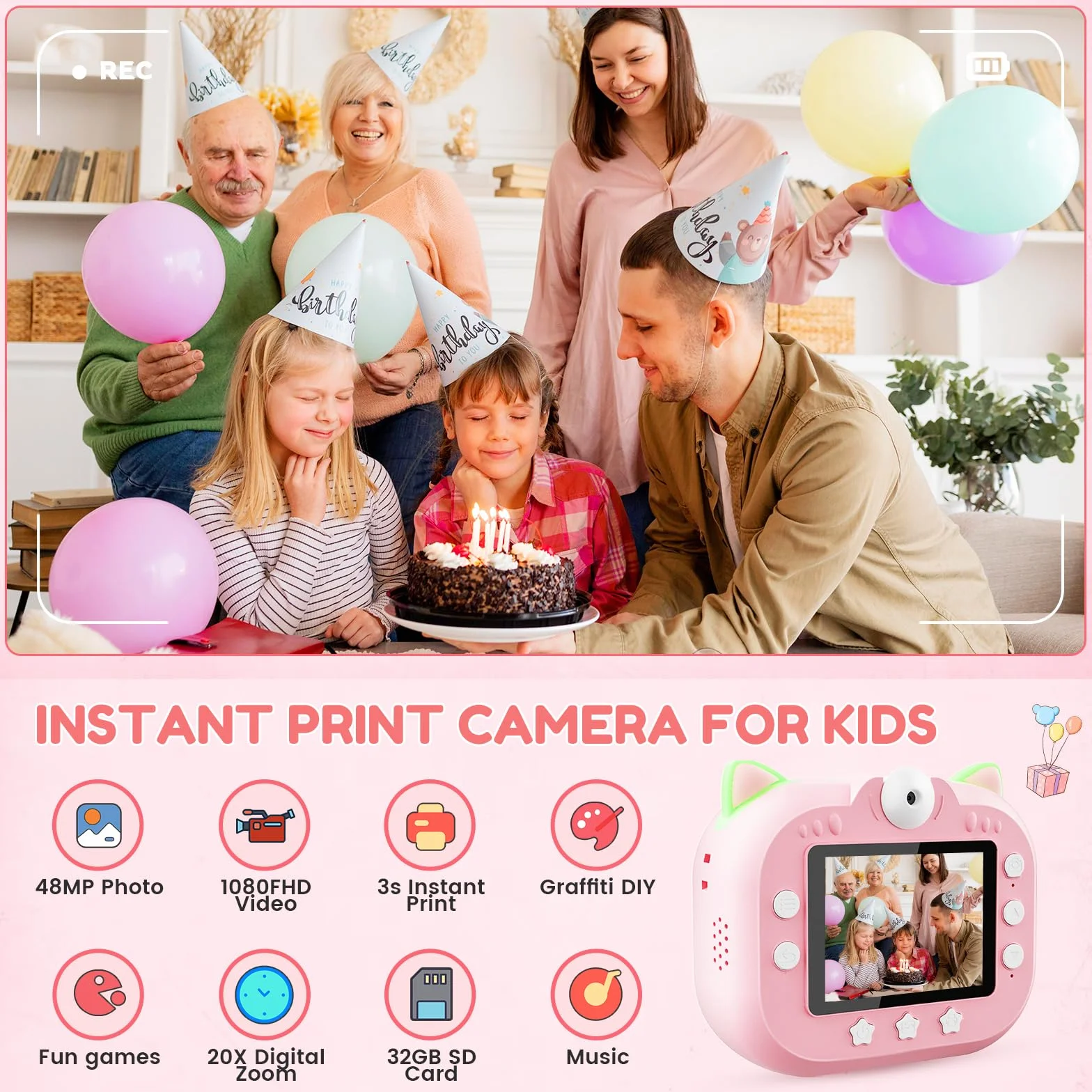 Macchina Fotografica Bambini Istantanea, Potuem 2.4 Pollici Digitale Fotocamera Bambini con Zoom 20X, Lente Ruotabile a 180°, 48MP/1080P Fotocamera Istantanea per Bambini, Regalo di Compleanno