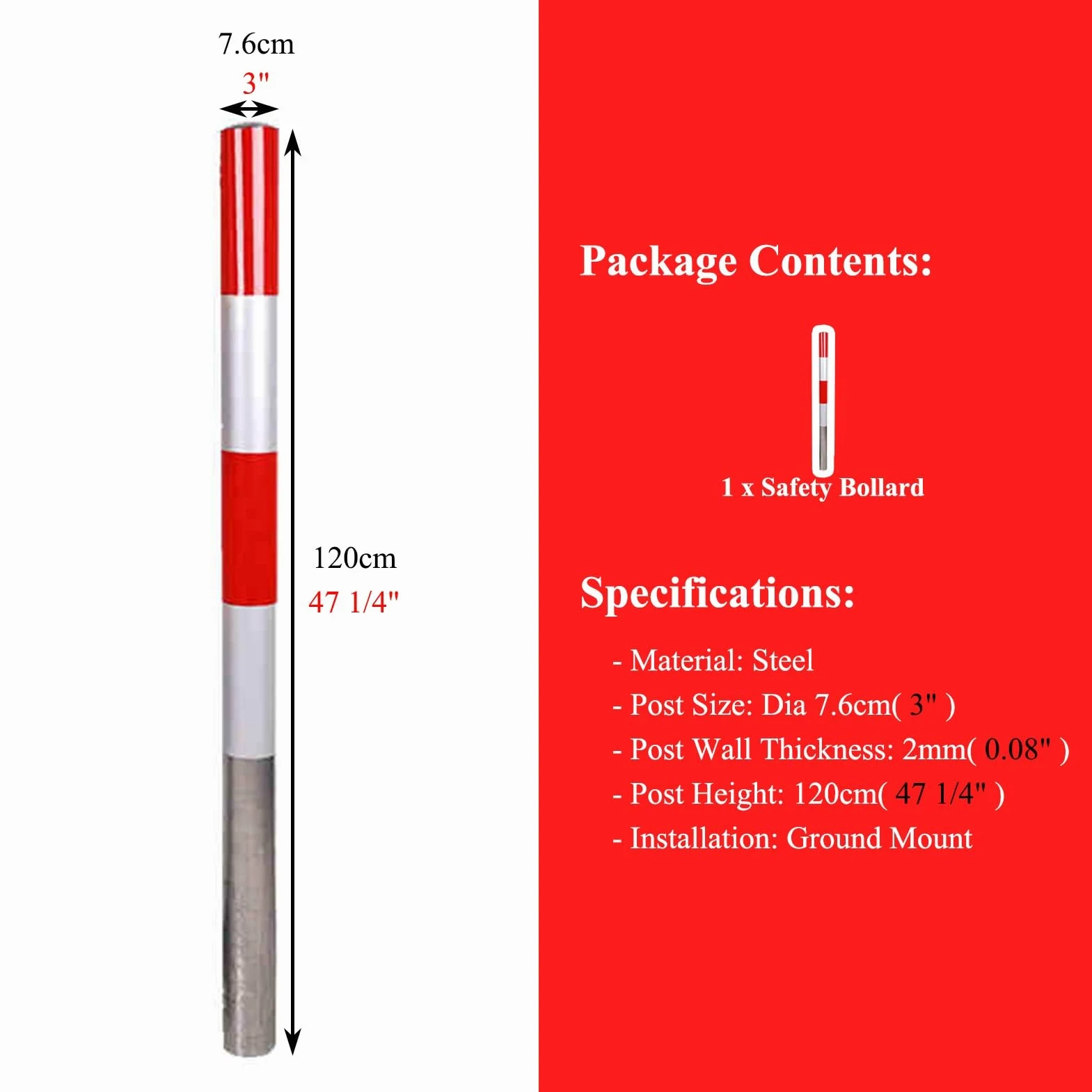 Generico Palo di Segnalazione Riflettente per la Sicurezza - Delimitatore di Traffico Bianco e Rosso, Robusto palo di Avvertimento per parcheggio per Uso Commerciale e privato, 2 Pezzi, H120xL7,6cm (