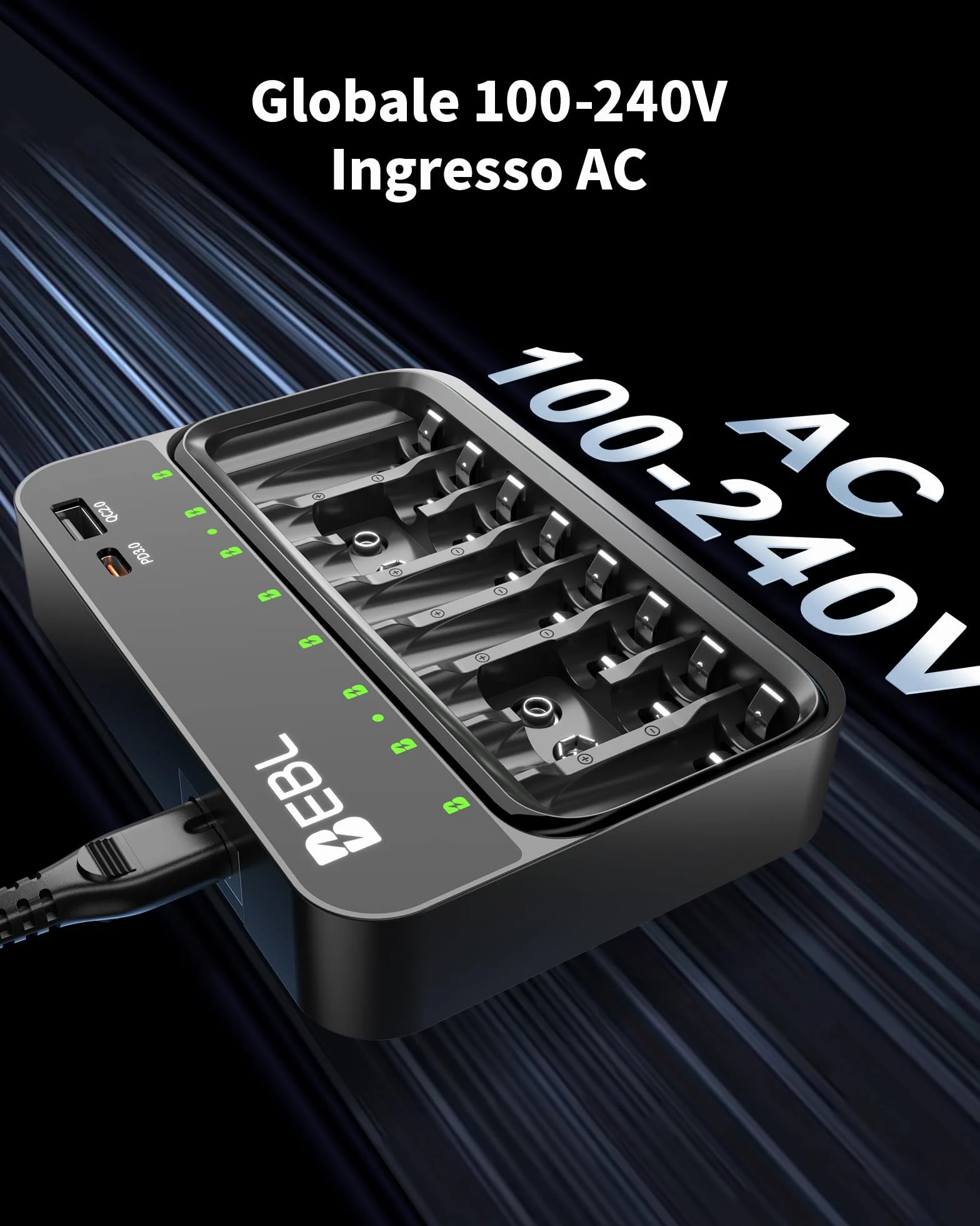 EBL Caricabatterie per batterie AA AAA 9V, 8 slot caricatore indipendenti, ingresso USB-C PD3.0 & Micro USB, caricatore rapido