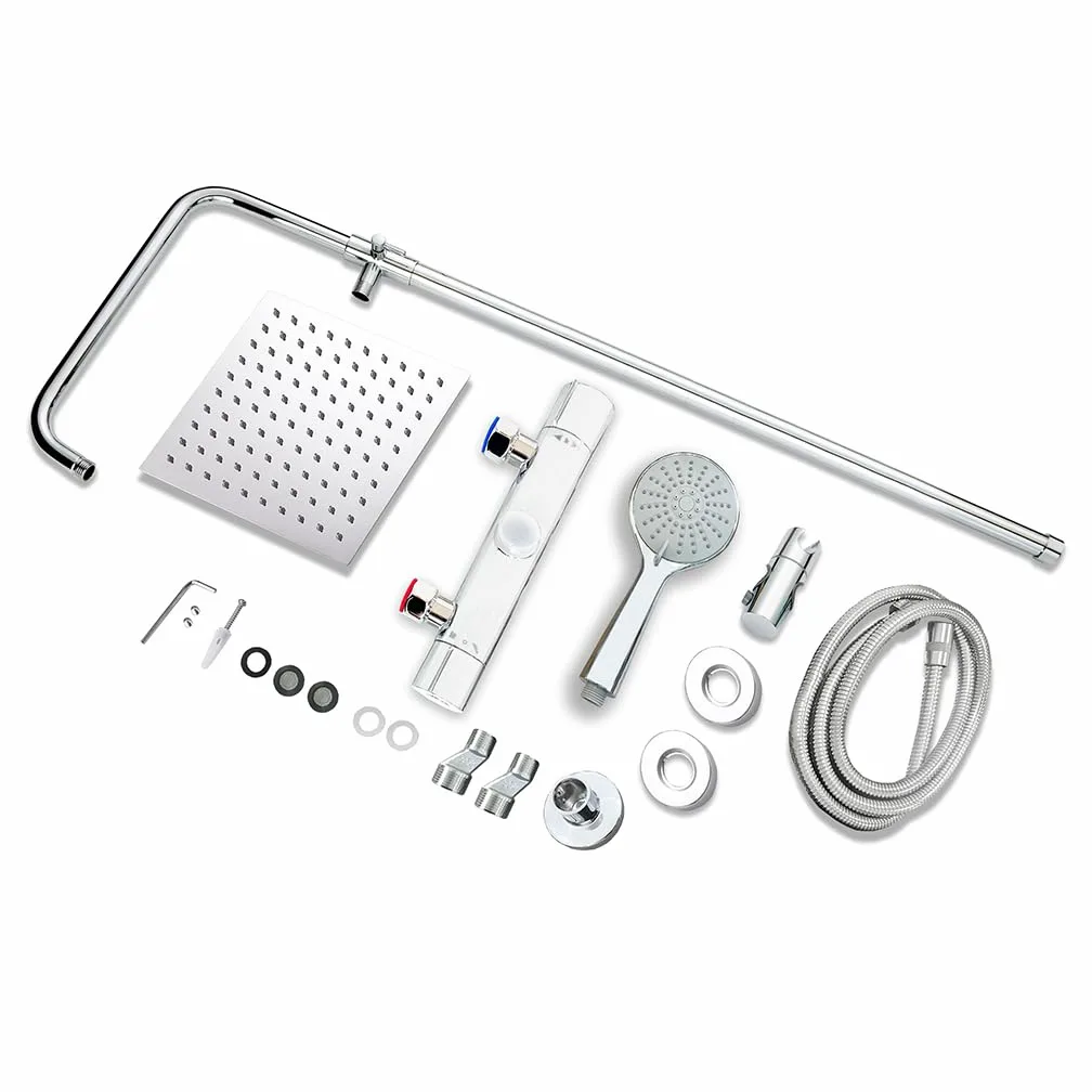 OCEAN ITALY Colonna Doccia con Rubinetto Termostatico, Miscelatore Doccia Soffione Doccia Quadrato in Acciaio Inox 20x20cm, Doccetta Tonda da 108mm, Altezza Regolabile 735-1170mm Cromo