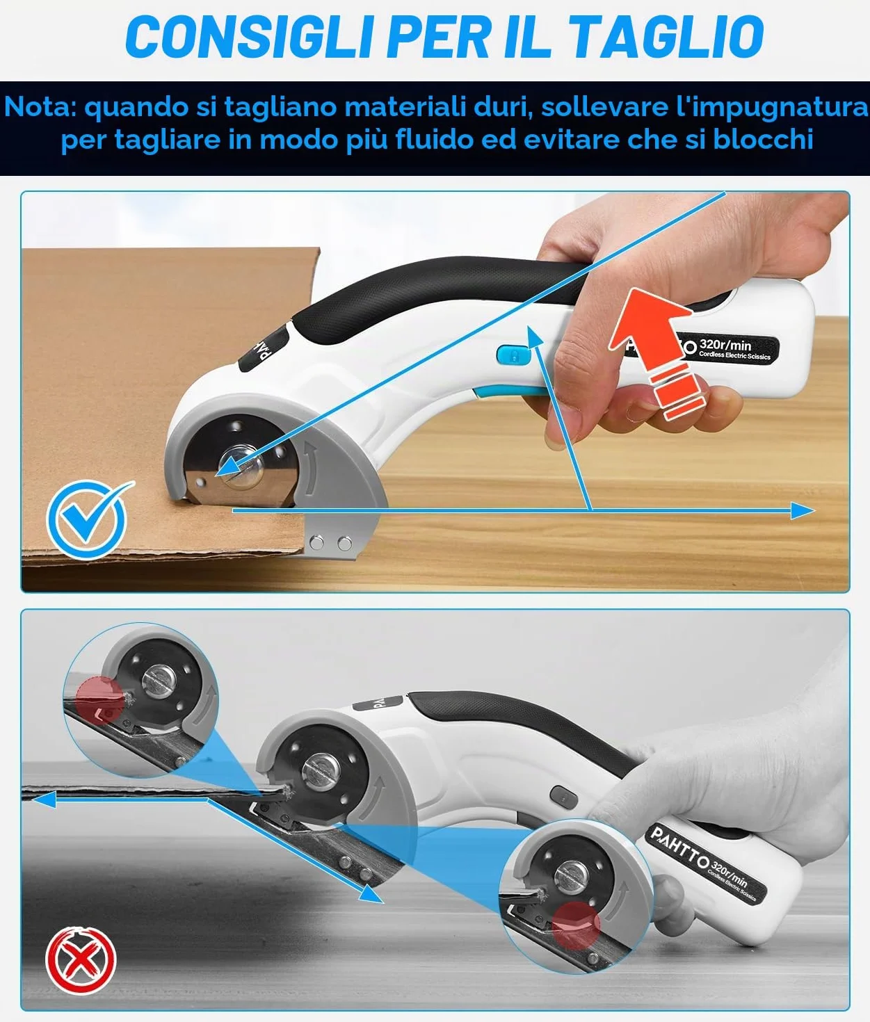 PAHTTO Forbici elettriche senza fili Taglierina rotante 4V 320 giri/min con 2 lame autoaffilanti per cartone, pelle, tessuto