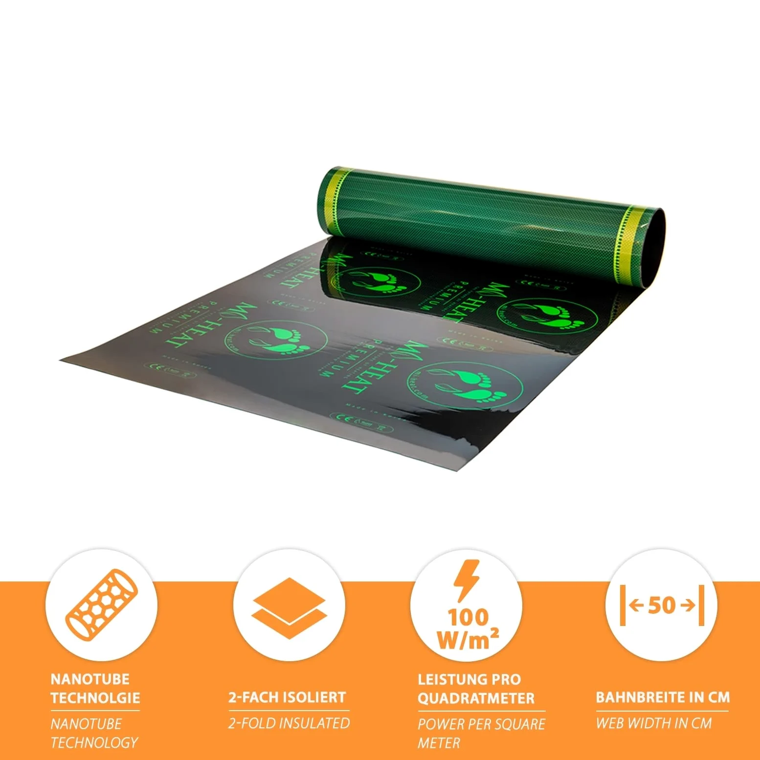 Mi-Heat - Pellicola riscaldante di alta qualità, 3,5 m, 100 Watt/m², larghezza 50 cm, per riscaldamento elettrico a pavimento in vinile, laminato, parquet, moquette in sughero