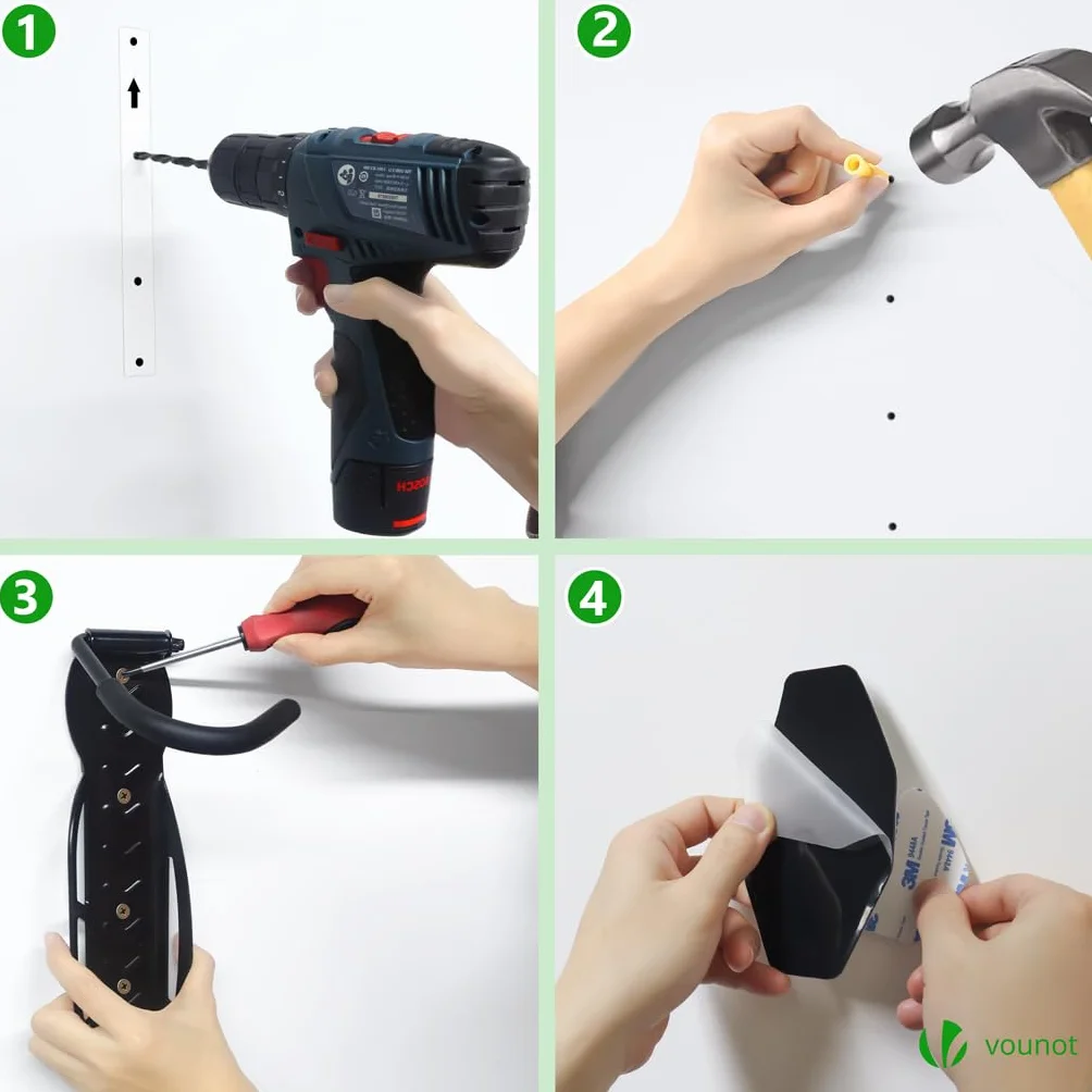 VOUNOT® 4 Pezzi Supporto per Biciclette da Parete Pieghevole, Portabici da Muro Salvaspazio con Cuscinetti, Gancio Appendere Verticale per Garage Cantina Shed, Nero