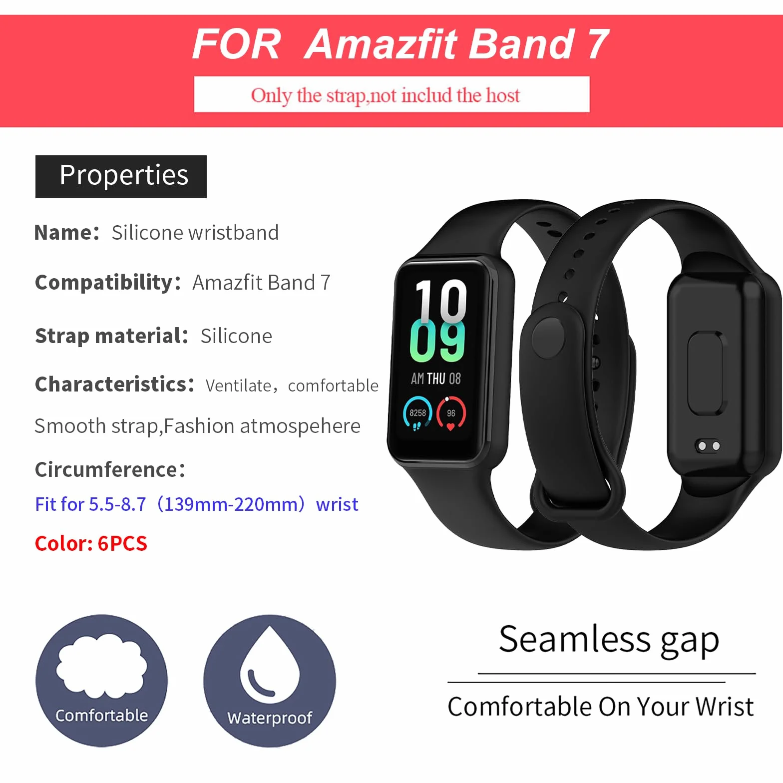 BDIG Cinturini per Amazfit Band 7,6 PCS Braccialetti in Silicone Colorati di Ricambio Anti-Perso,Accessori Tracker per Amazfit Smart Band 7 Compatibili con Polsi da 145mm a 220mm