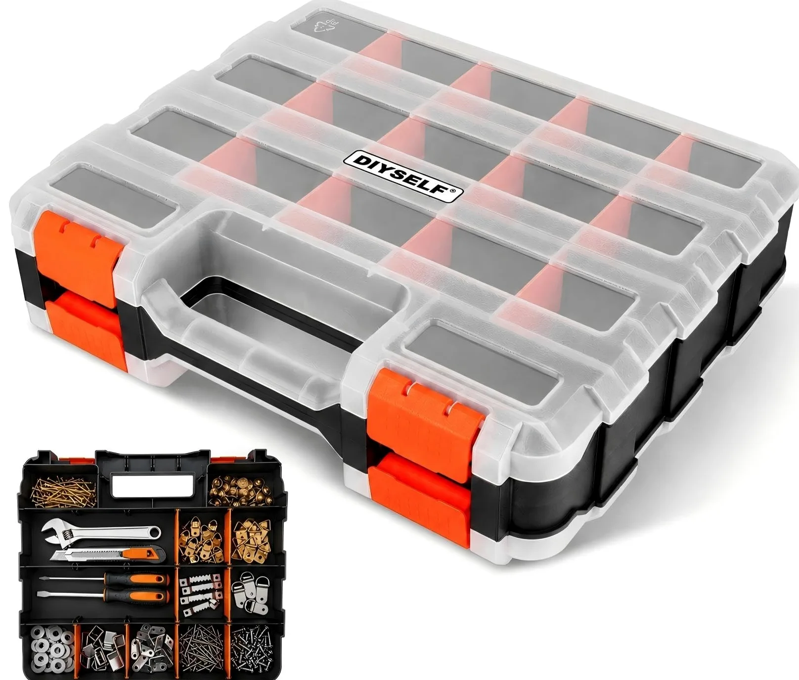 DIYSELF Organizer per viti, organizer a 34 scomparti per piccole parti, organizer per hardware con spazio regolabile, scatola portaoggetti con coperchio trasparente per hardware, artigianato, perline