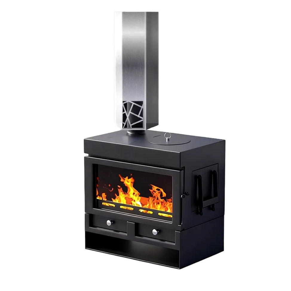 Stufa a Legna 8kW, Rendimento 85% per 120 m³, RRØ 100mm,Stahlofen mit Verglasung,Rivestimento Refrattario,für Jede Wohnung & Zuhause