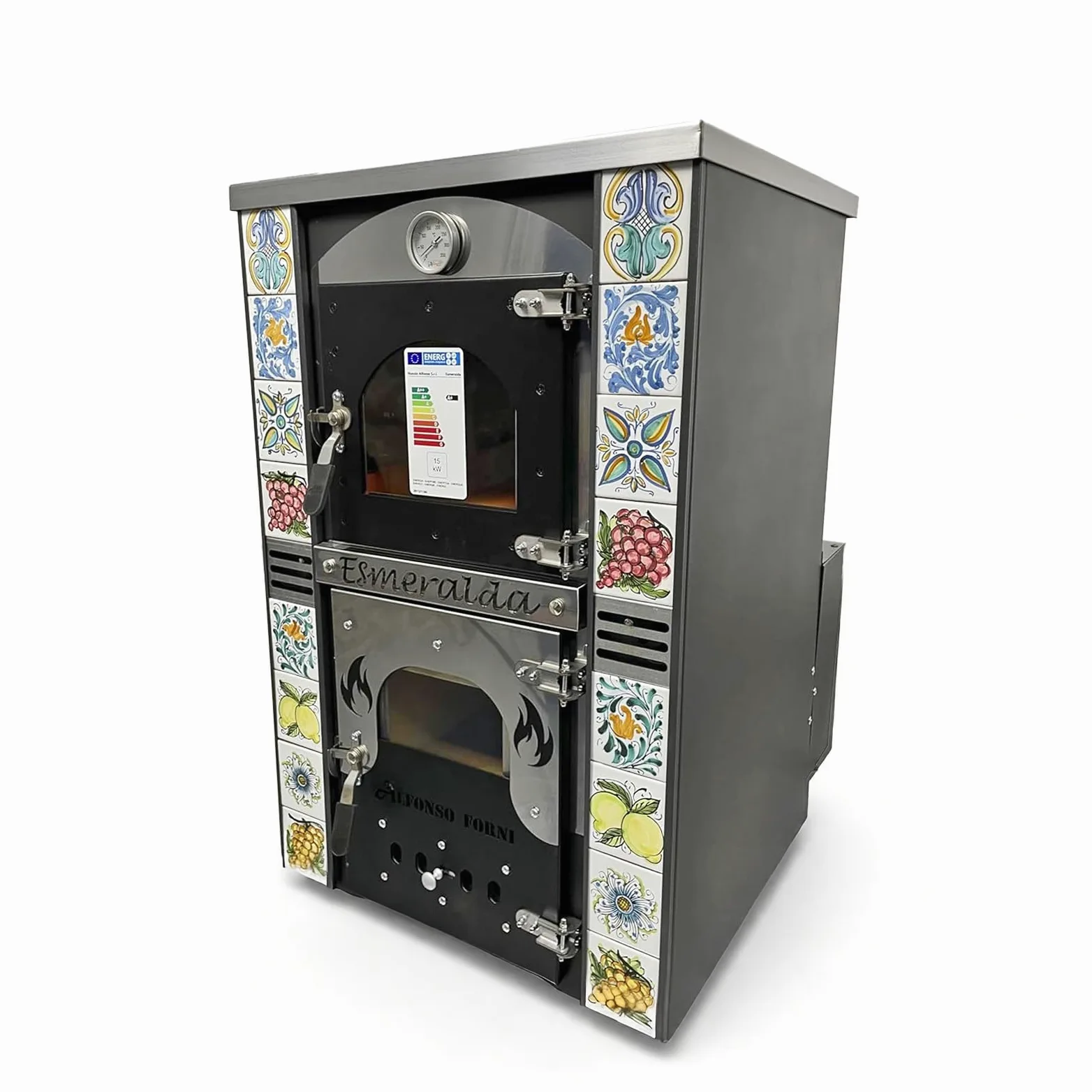 Stufa a Legna Termo ventilata con Forno - Esmeralda Maioliche di Caltagirone - Potenza Riscaldamento 25 Kw, Stufa A Legna Economica in Acciaio Verniciato Antracite, Forno in Mattoni Refrattari