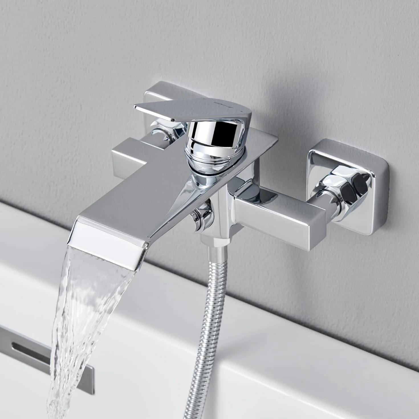 Miscelatore Vasca da Bagno a Cascata in Ottone, Rubinetto Doccia a Parete, Cromo Argento G 1/2"