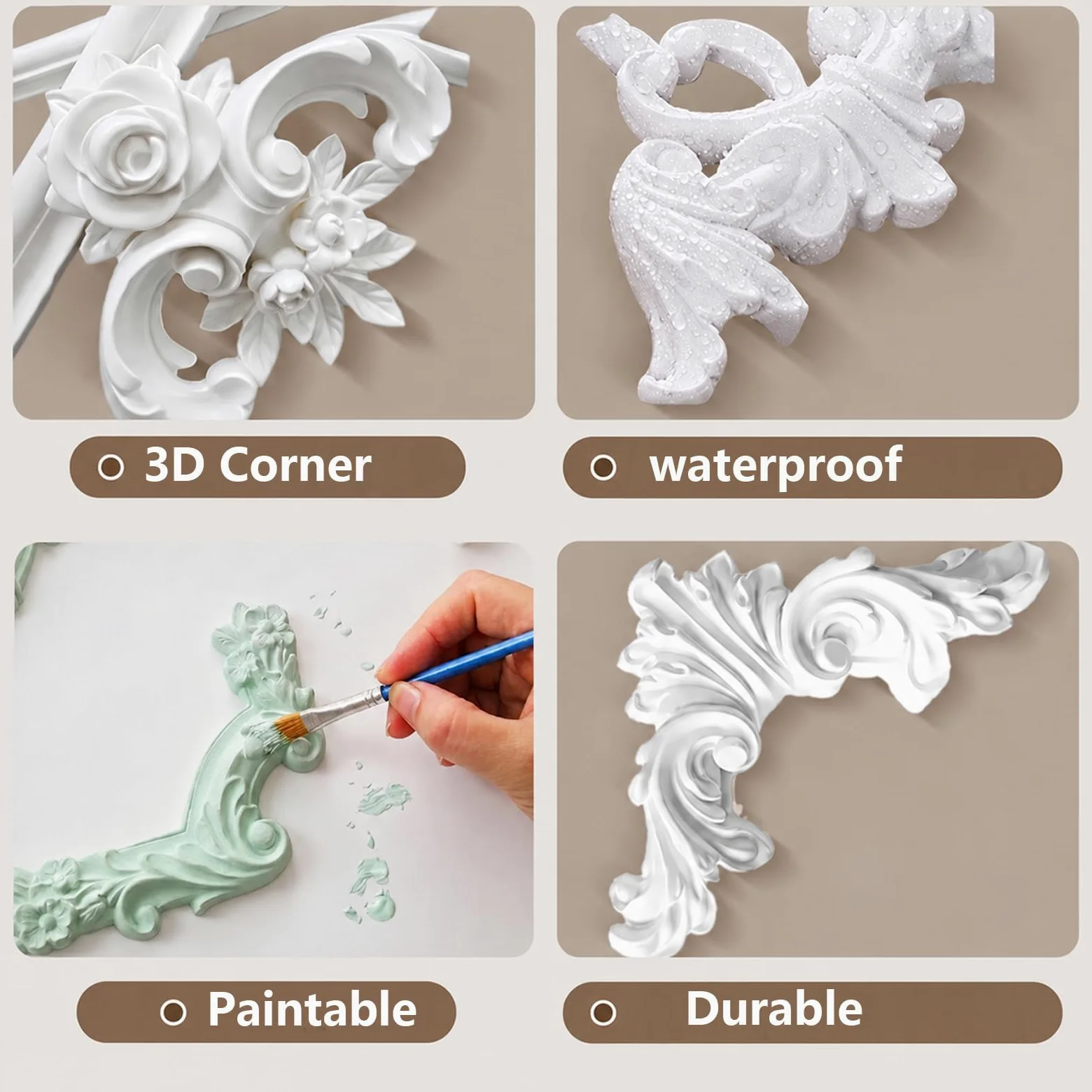 4 PCS Angolari Decorativi per Pareti E Soffitti in PU Modanature Angolari 3D con Decorazioni Floreali Profili Decorativi Verniciabili per Cornici E Angoli Elegante Finitura